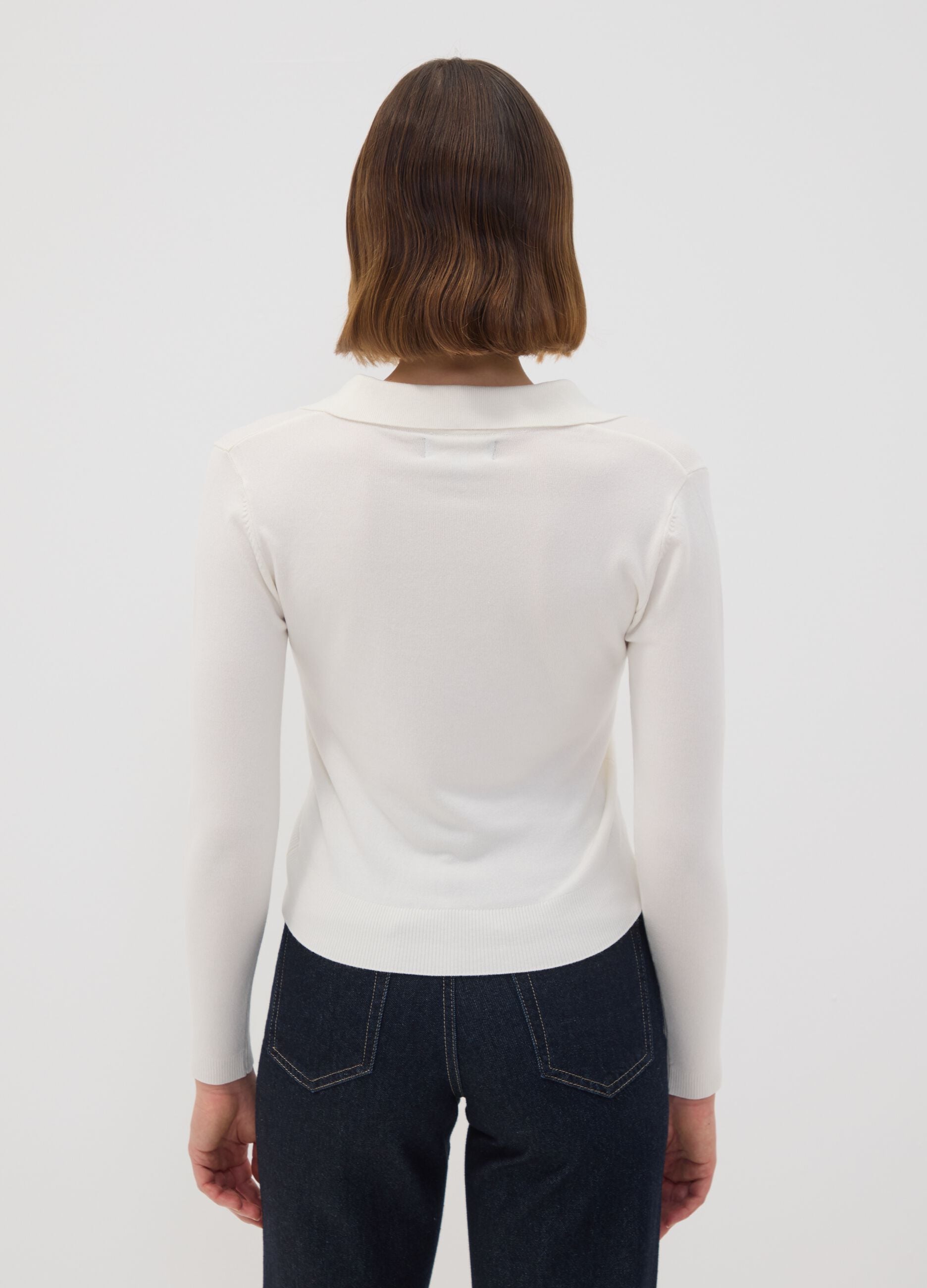 White viscose-blend polo-collar jumper, regular fit