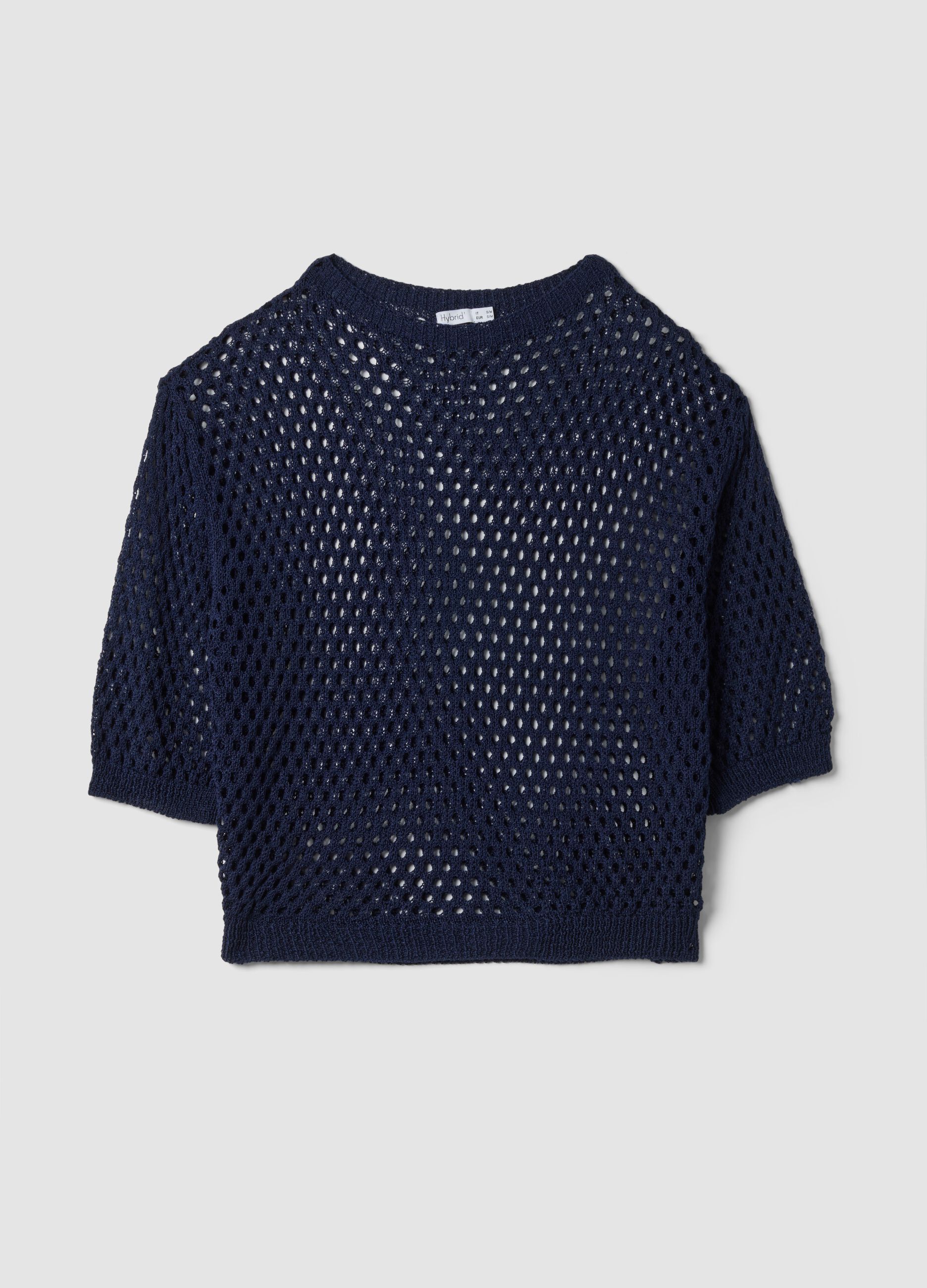 Blue open-knit three-quarter sleeve top