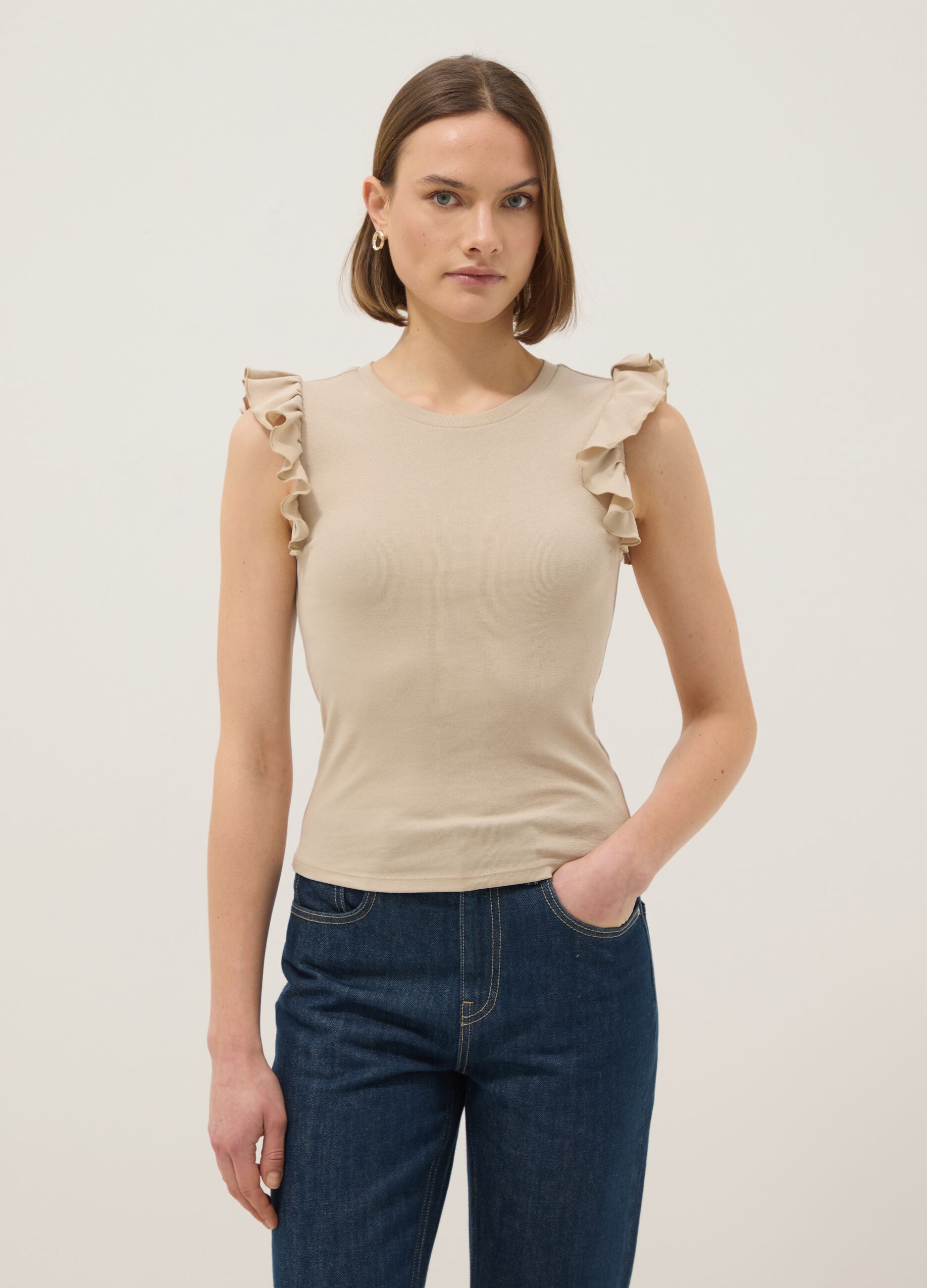 Beige slim fit pure cotton t-shirt with ruffles