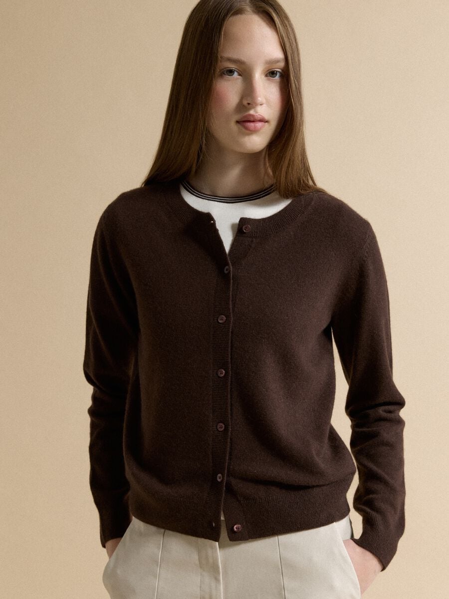 Brown crew-neck cardigan in pure cashmere_0