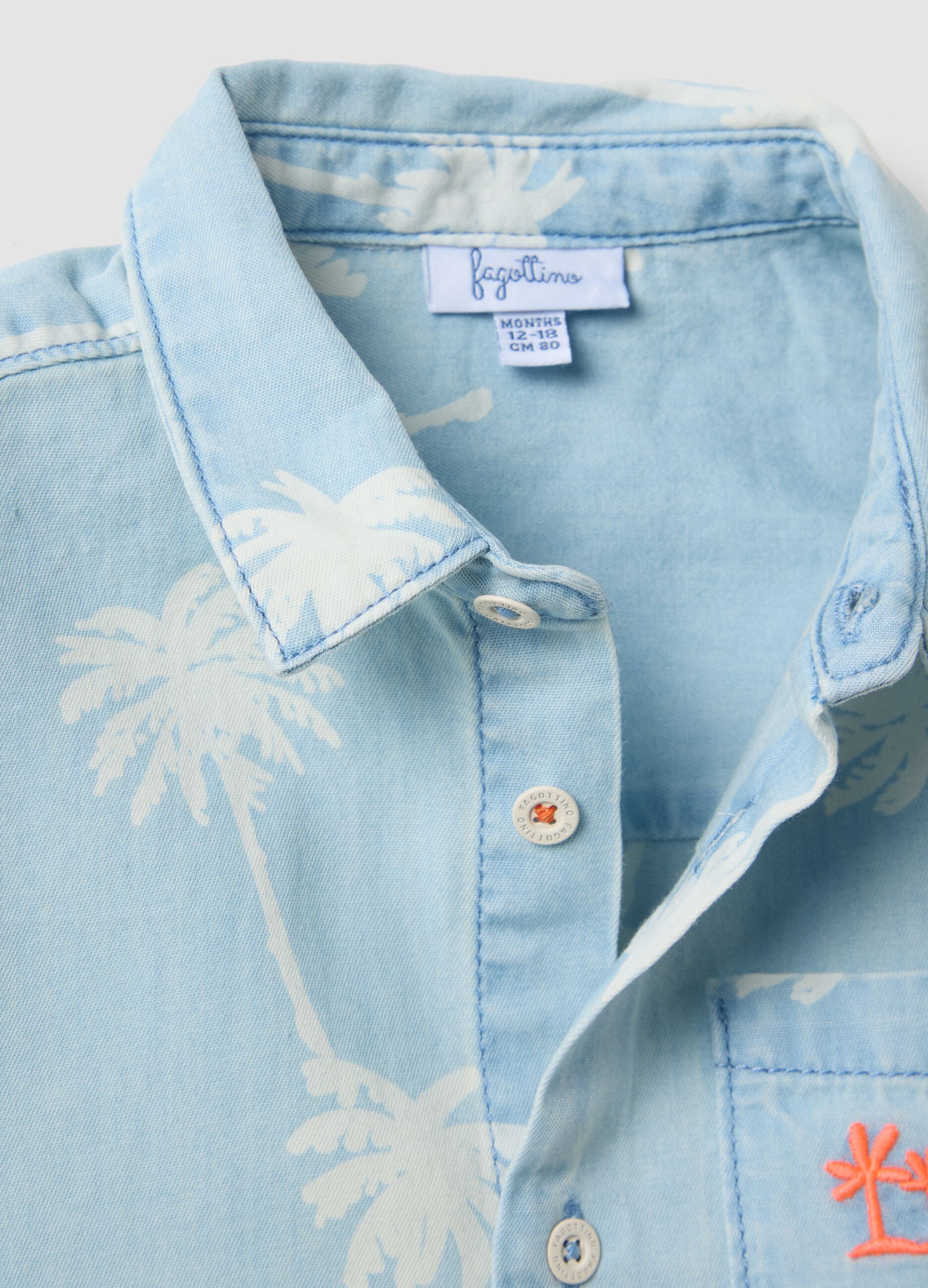 Light Blue Pure Cotton Denim Child's Shirt Regular Fit with Palm Trees