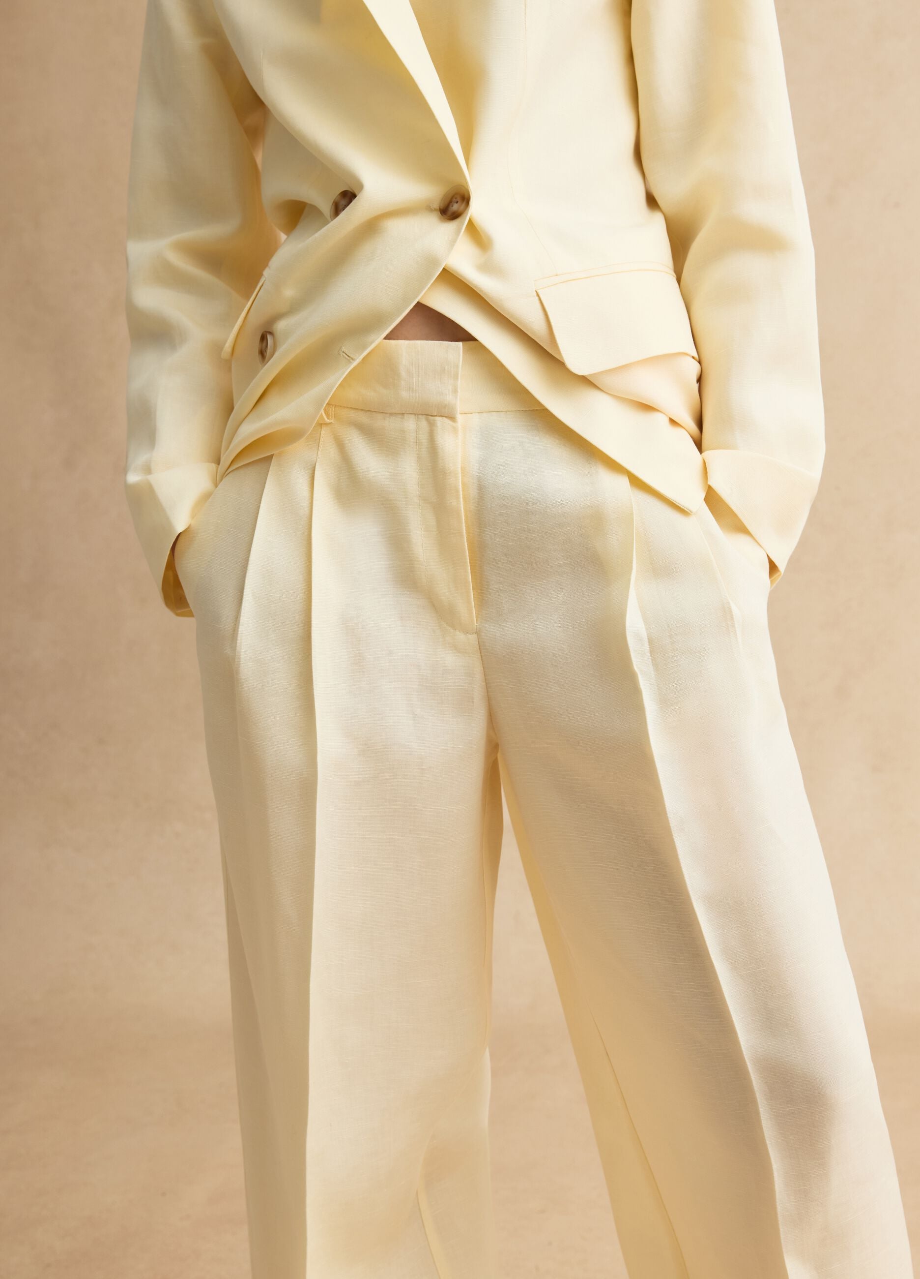 Elegant beige Lyocell and linen wide leg trousers