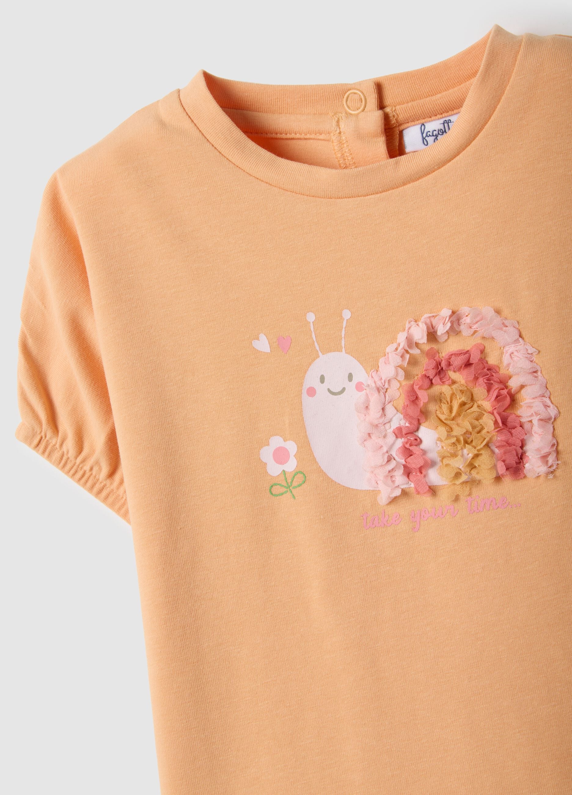 Orange cotton blend girl's regular fit t-shirt with embroidery