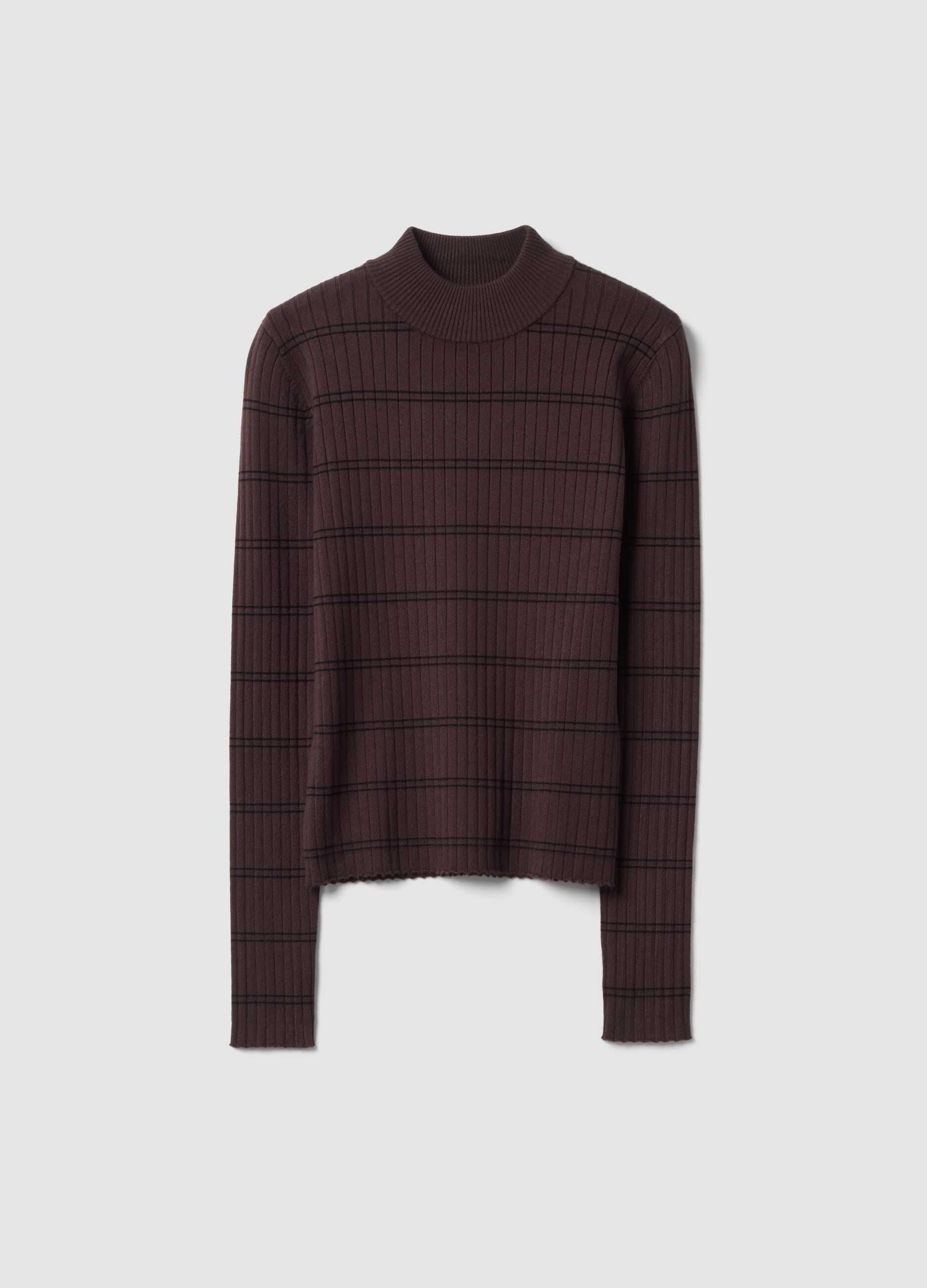 Brown fitted viscose-blend jumper with mock neck