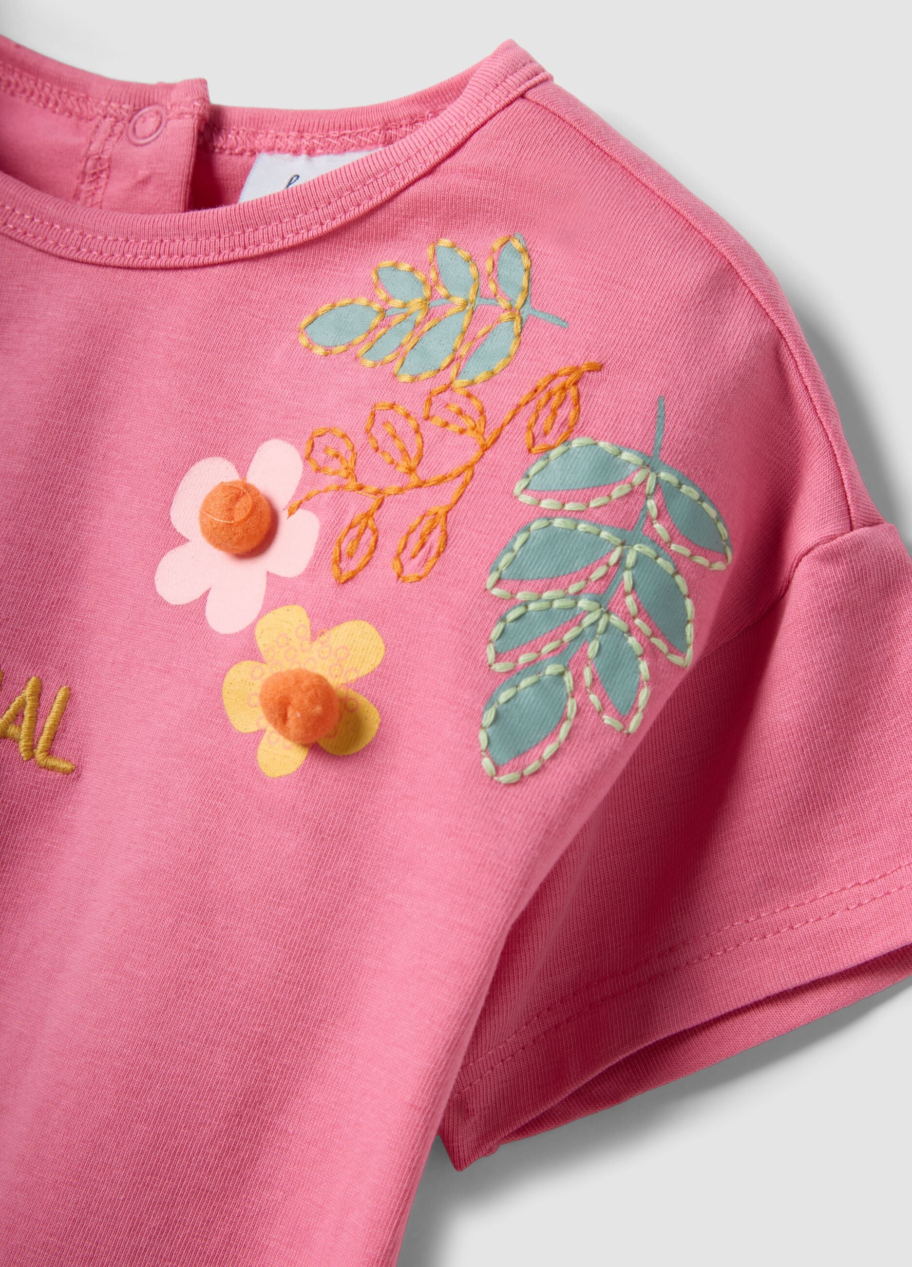 Pink short-sleeve stretch cotton T-shirt with floral print for baby girl, regular fit