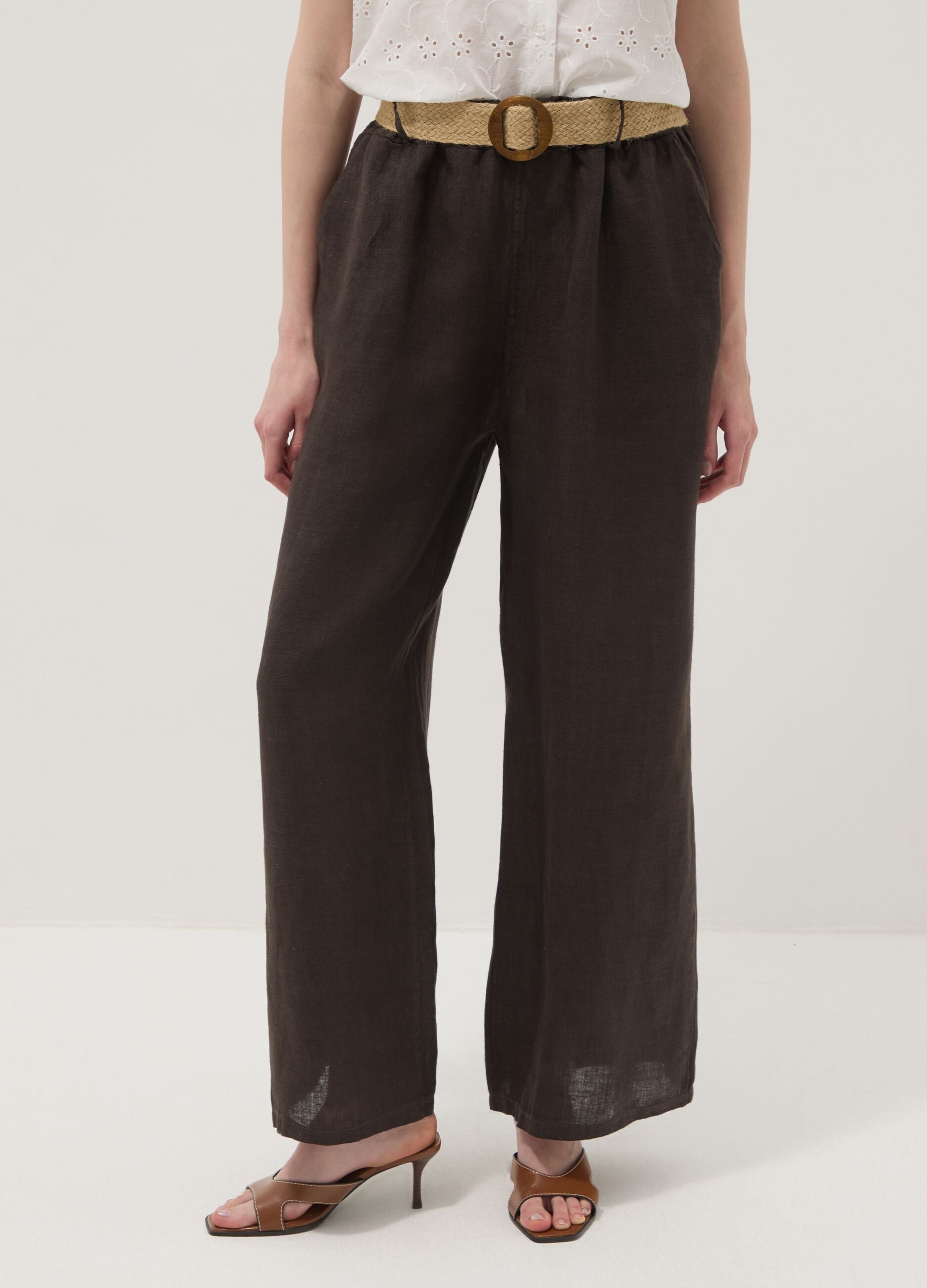 Brown pure linen wide-leg trousers with elasticated waist
