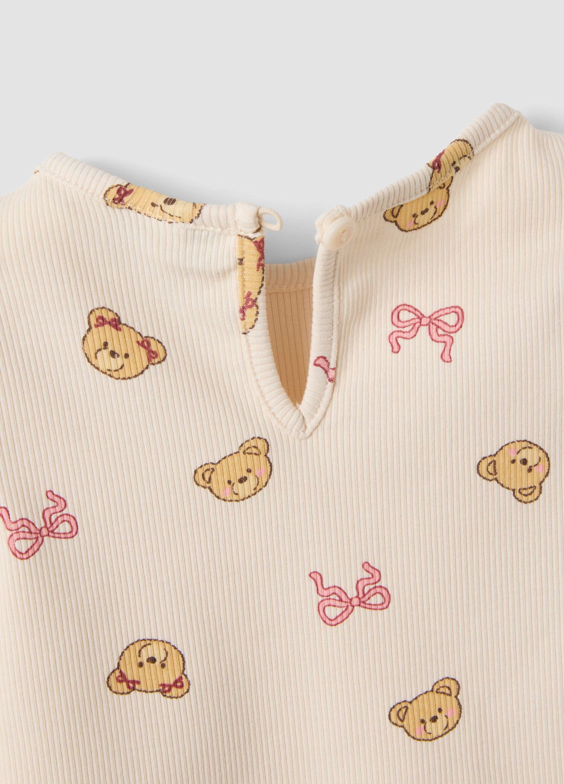 Beige organic stretch-cotton T-shirt with teddy bear print for baby girl