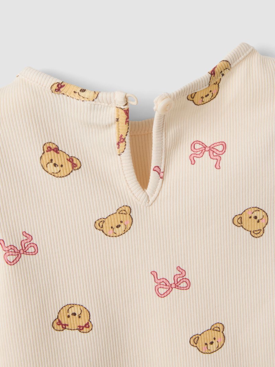 Beige organic stretch-cotton T-shirt with teddy bear print for baby girl_2