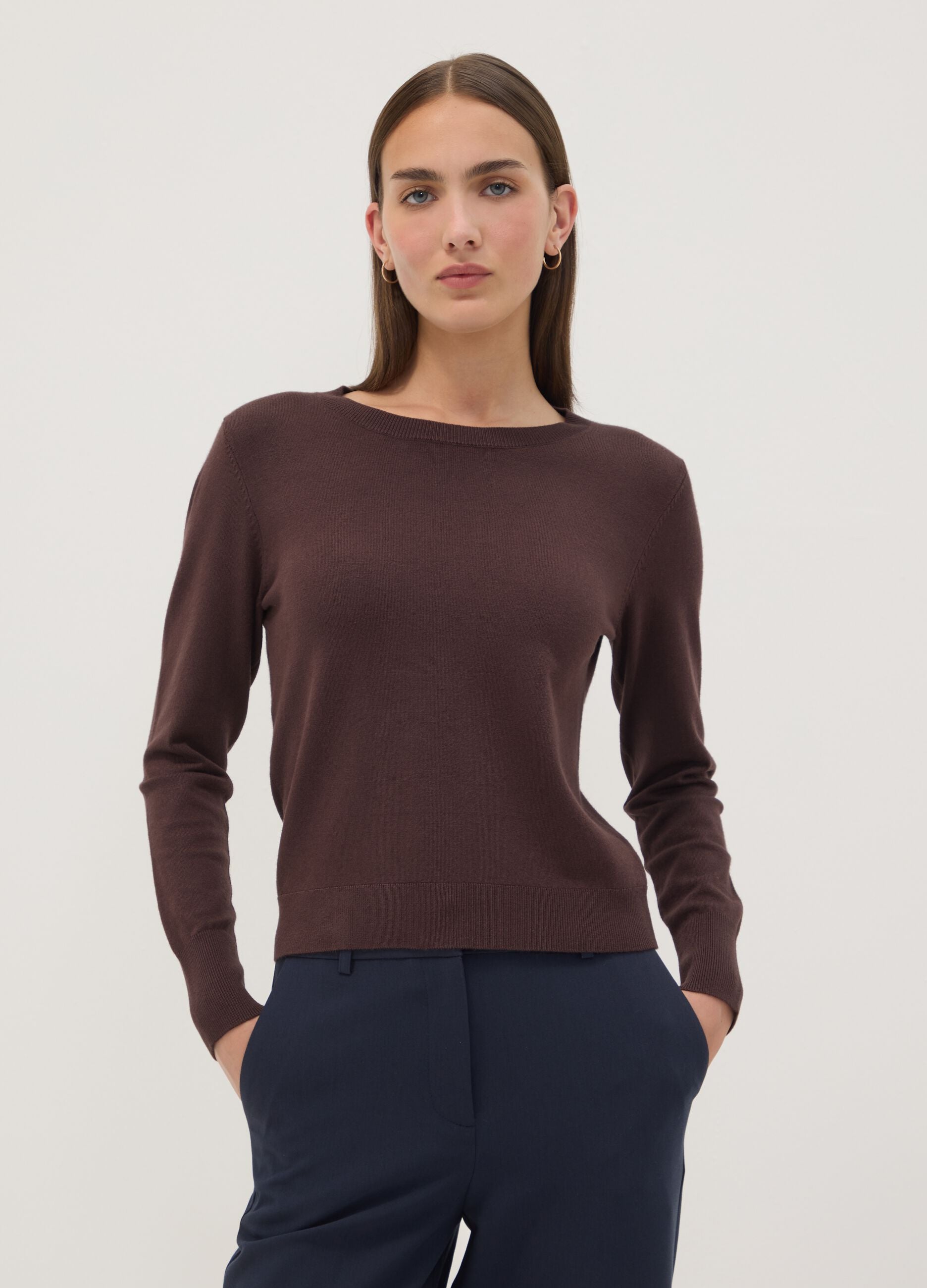 Brown viscose-blend crew-neck top