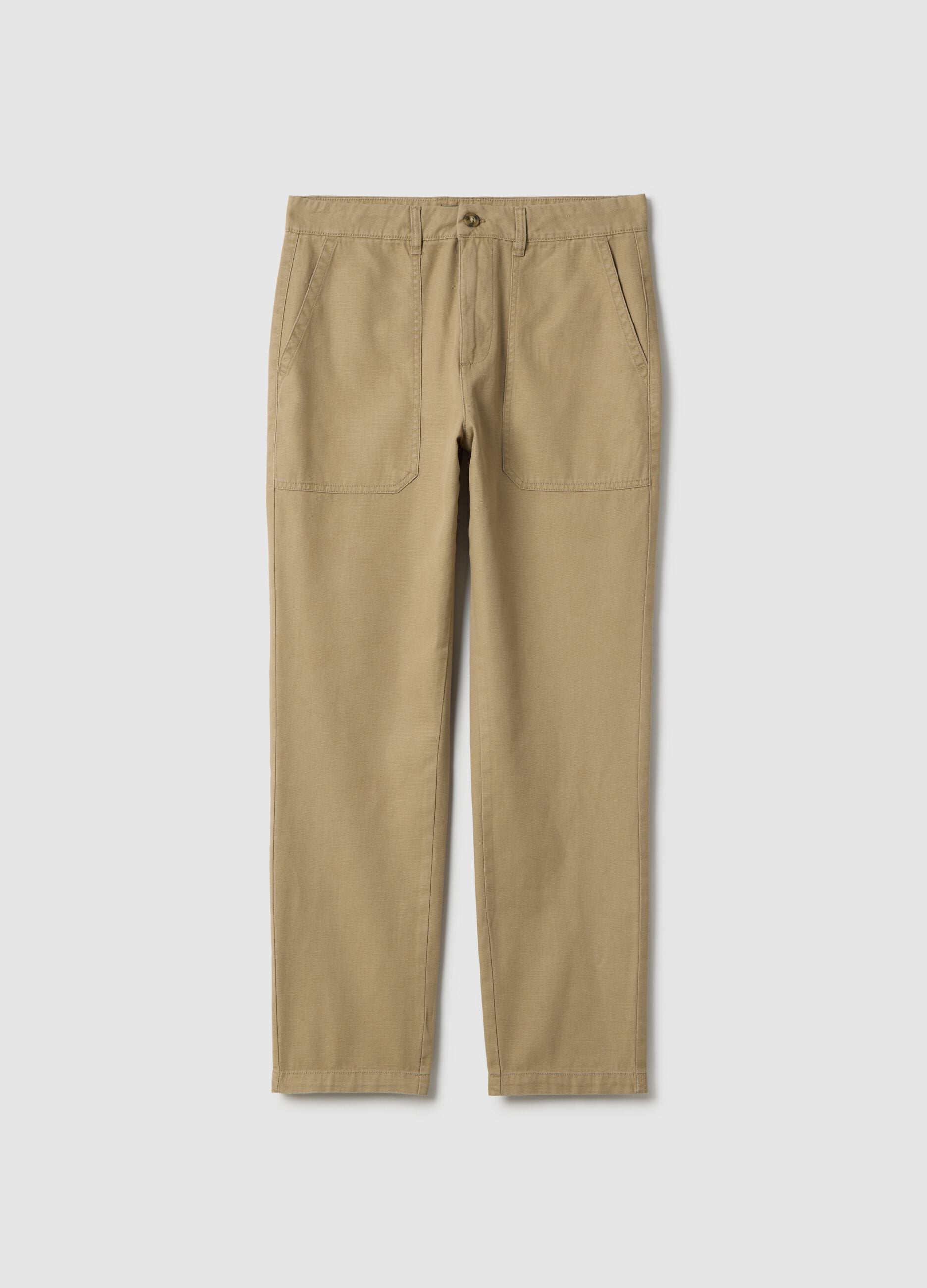 Beige Regular Fit Cotton and Linen Trousers