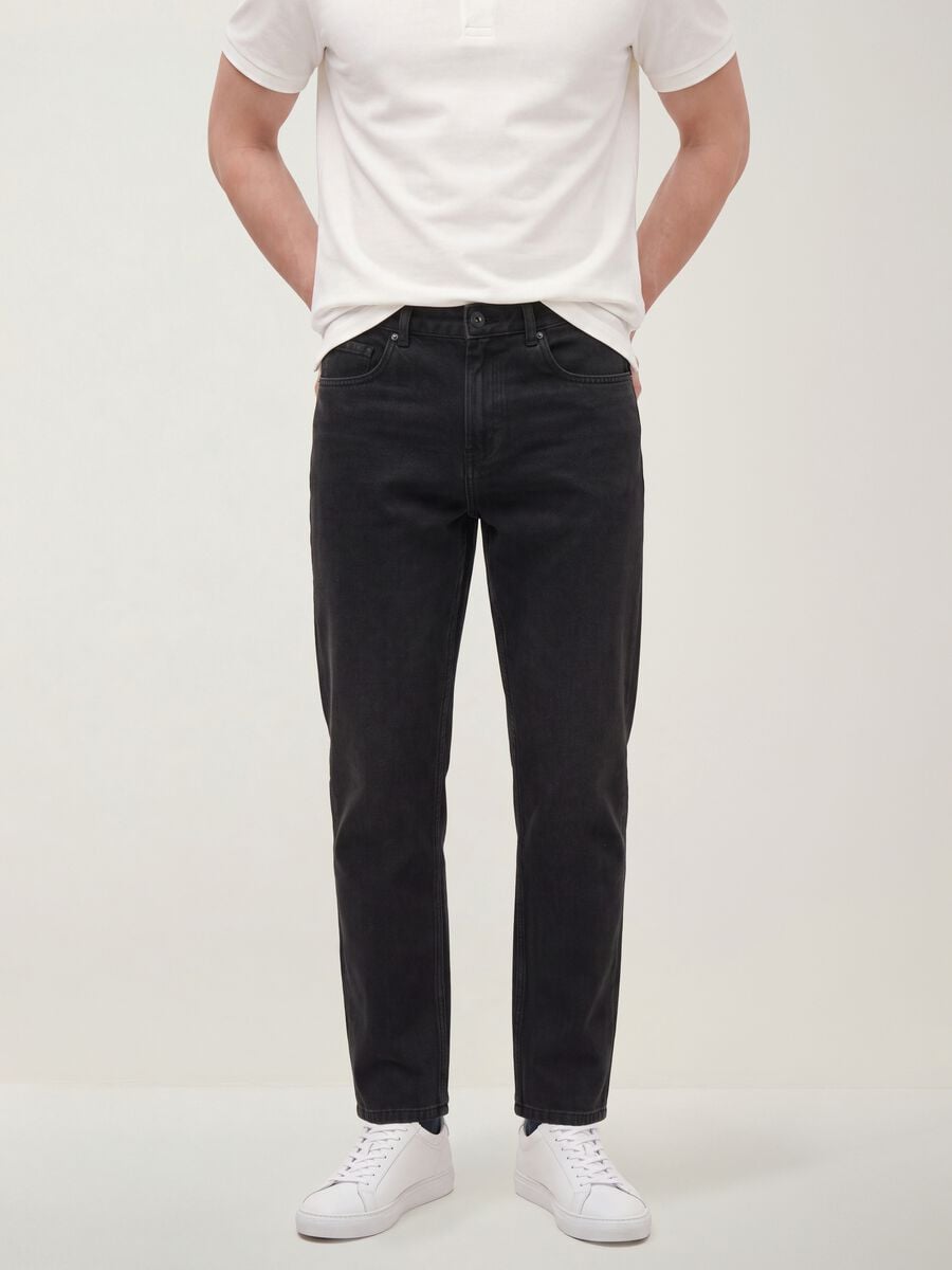 Black regular tapered jeans in a cotton, lyocell and viscose blend_1