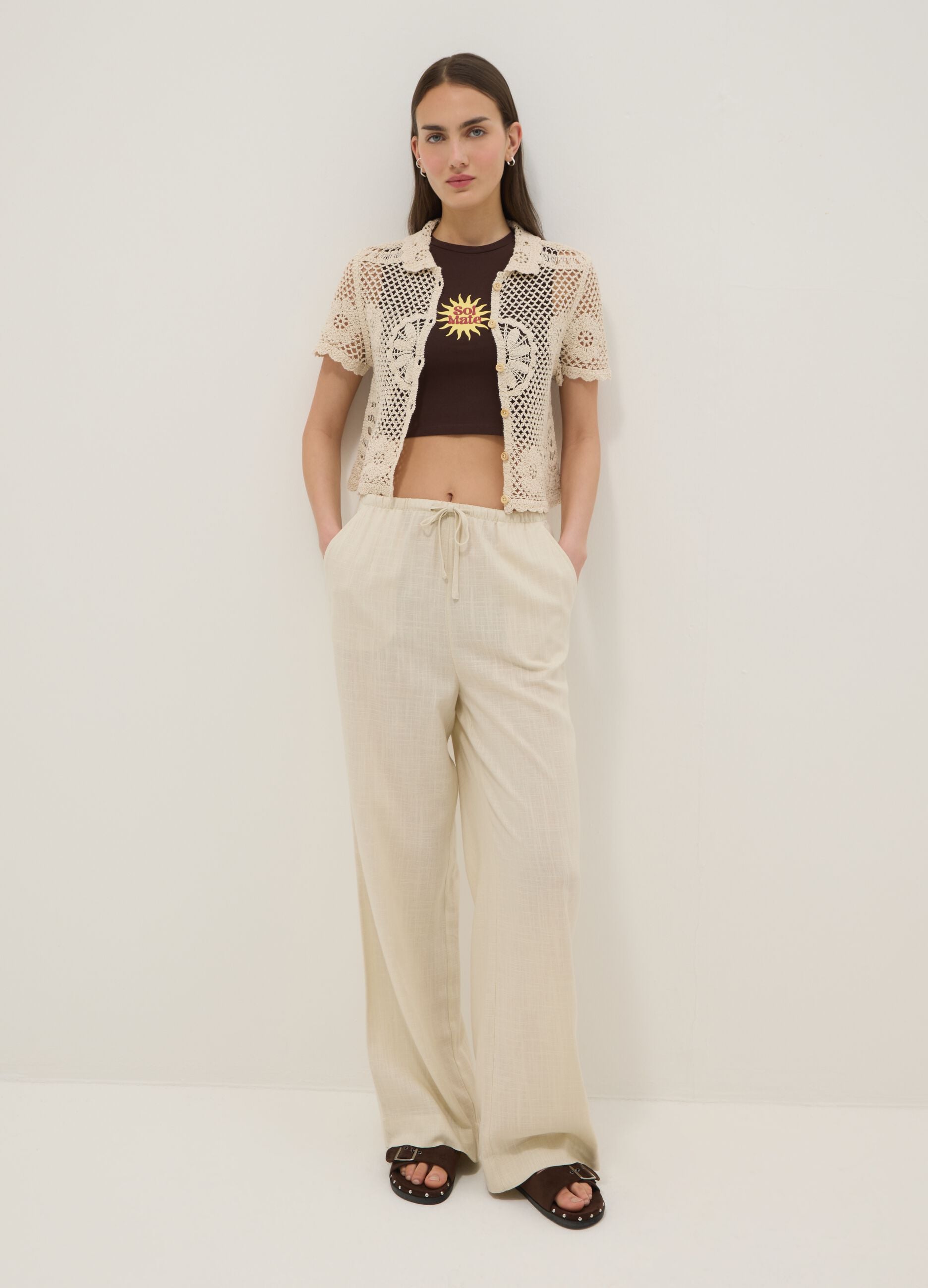 Beige cotton-blend regular-fit shirt with knitted detailing