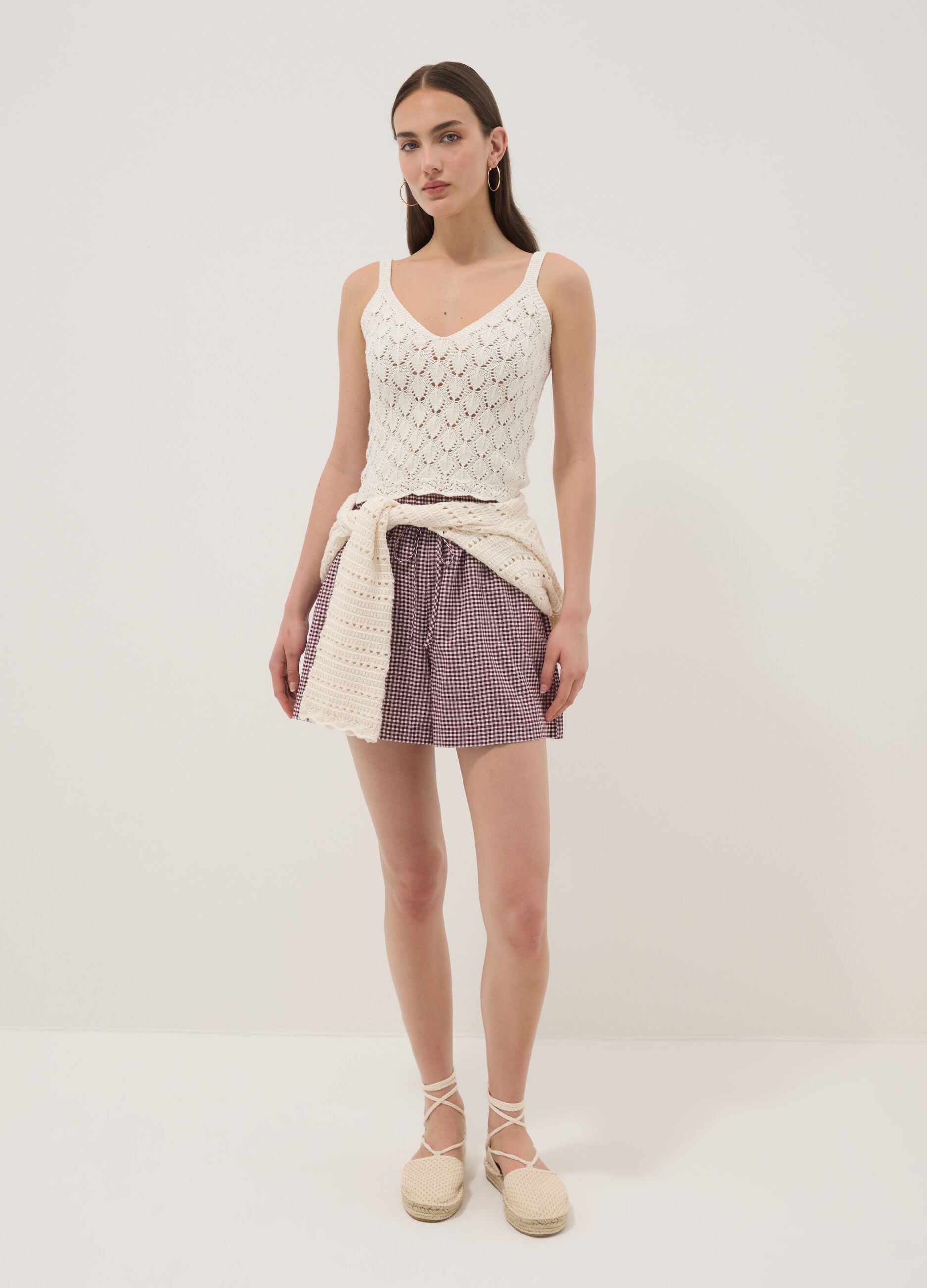 White pure cotton crochet waistcoat, regular fit