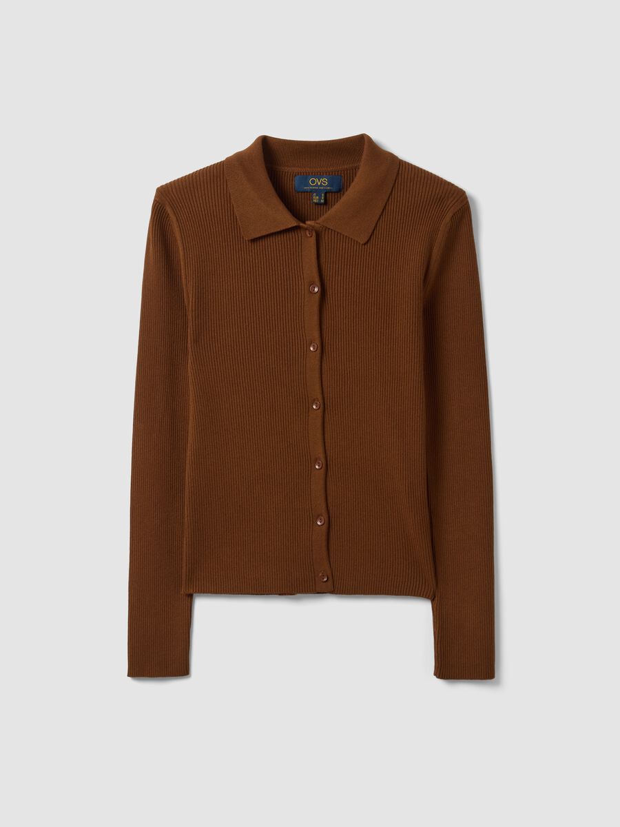 Brown fitted ribbed viscose-blend cardigan with polo collar_4