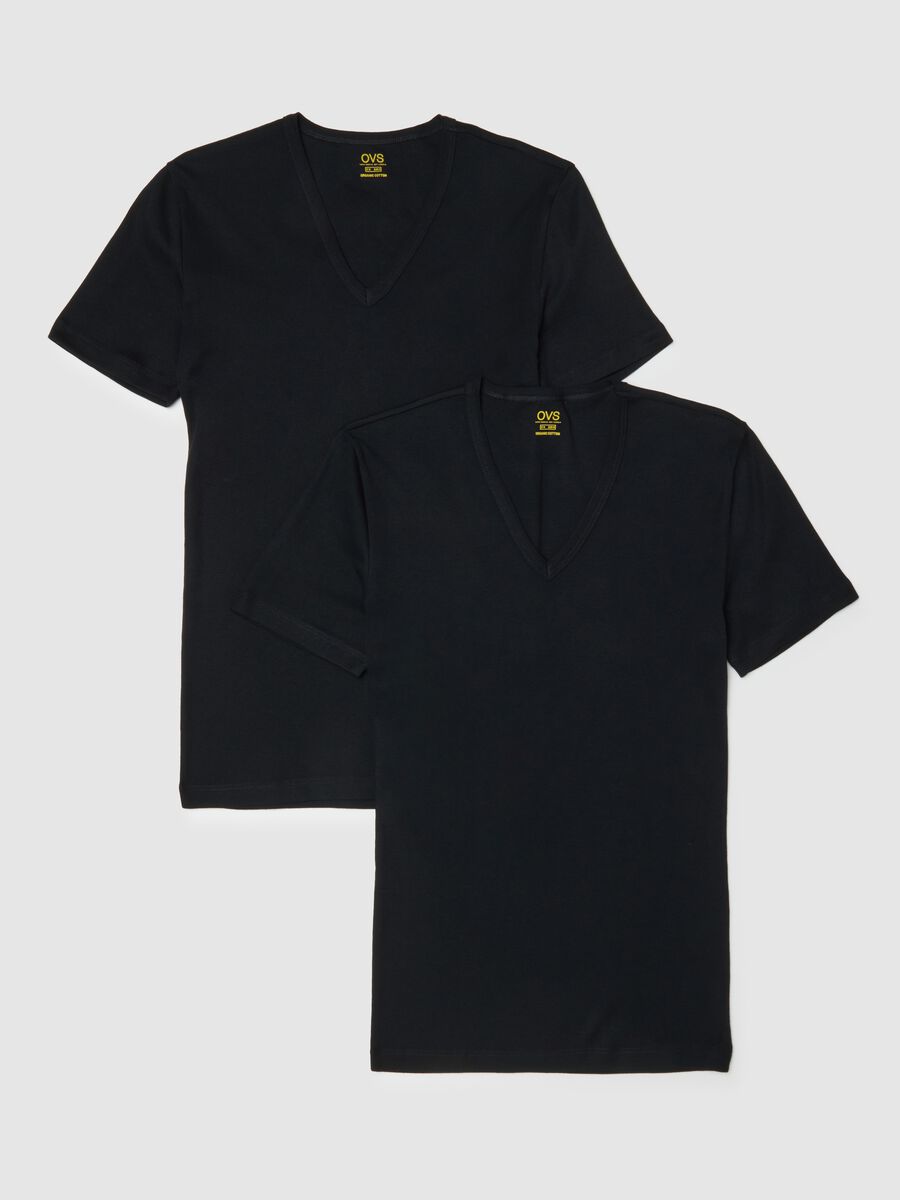 Bipack T-shirt in puro cotone organico nero deep V regular fit_4