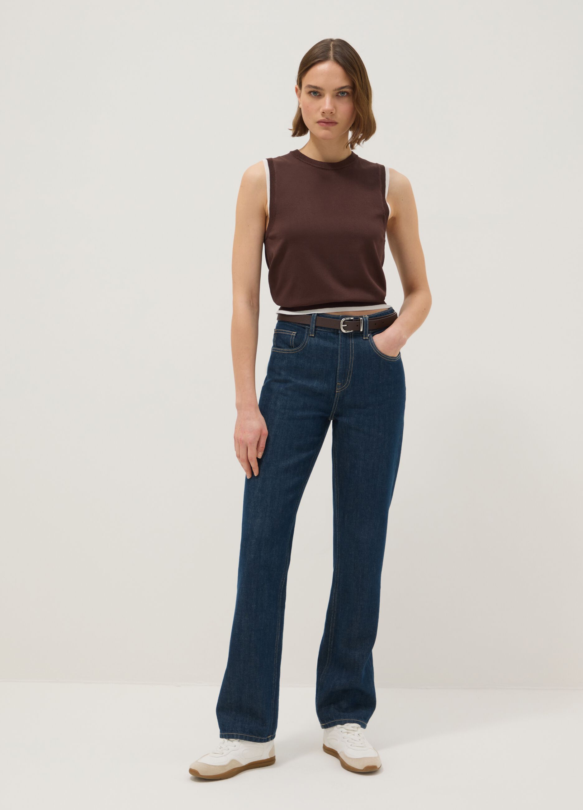 Brown Sleeveless Viscose Blend Tank Top - Regular Fit