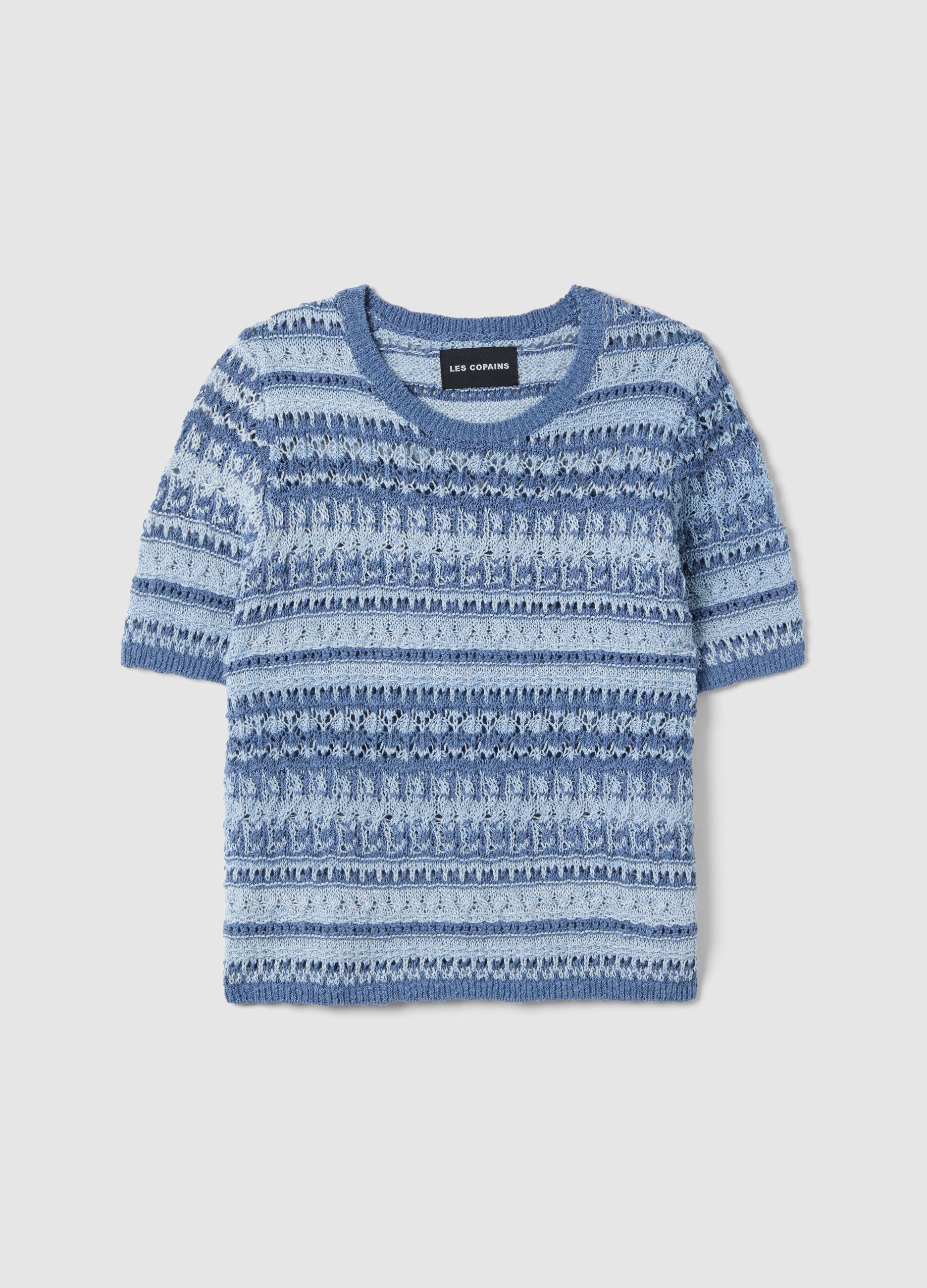 Blue cotton-blend regular fit knit patterned sweater