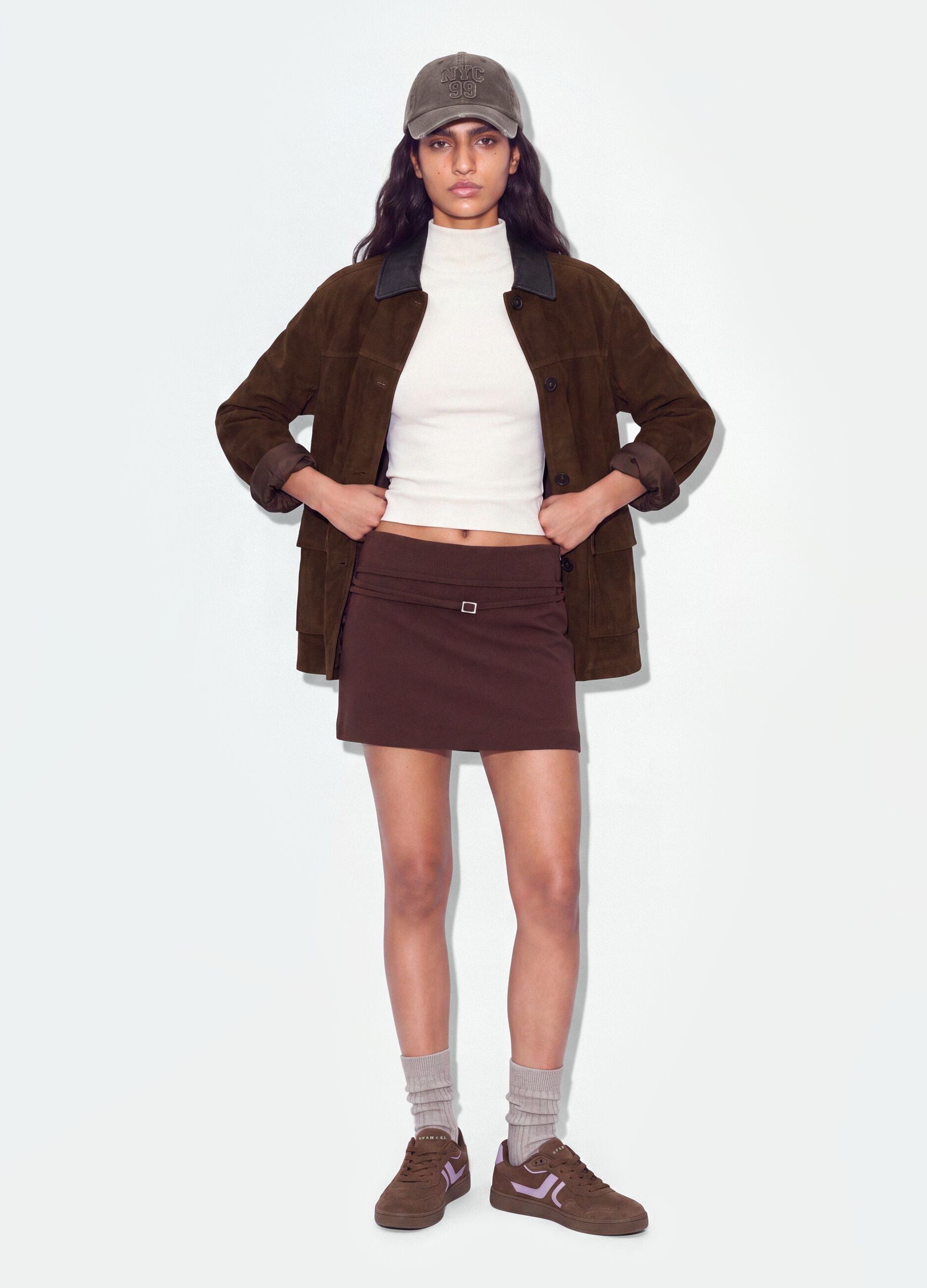 Brown stretch viscose mini skirt with belt