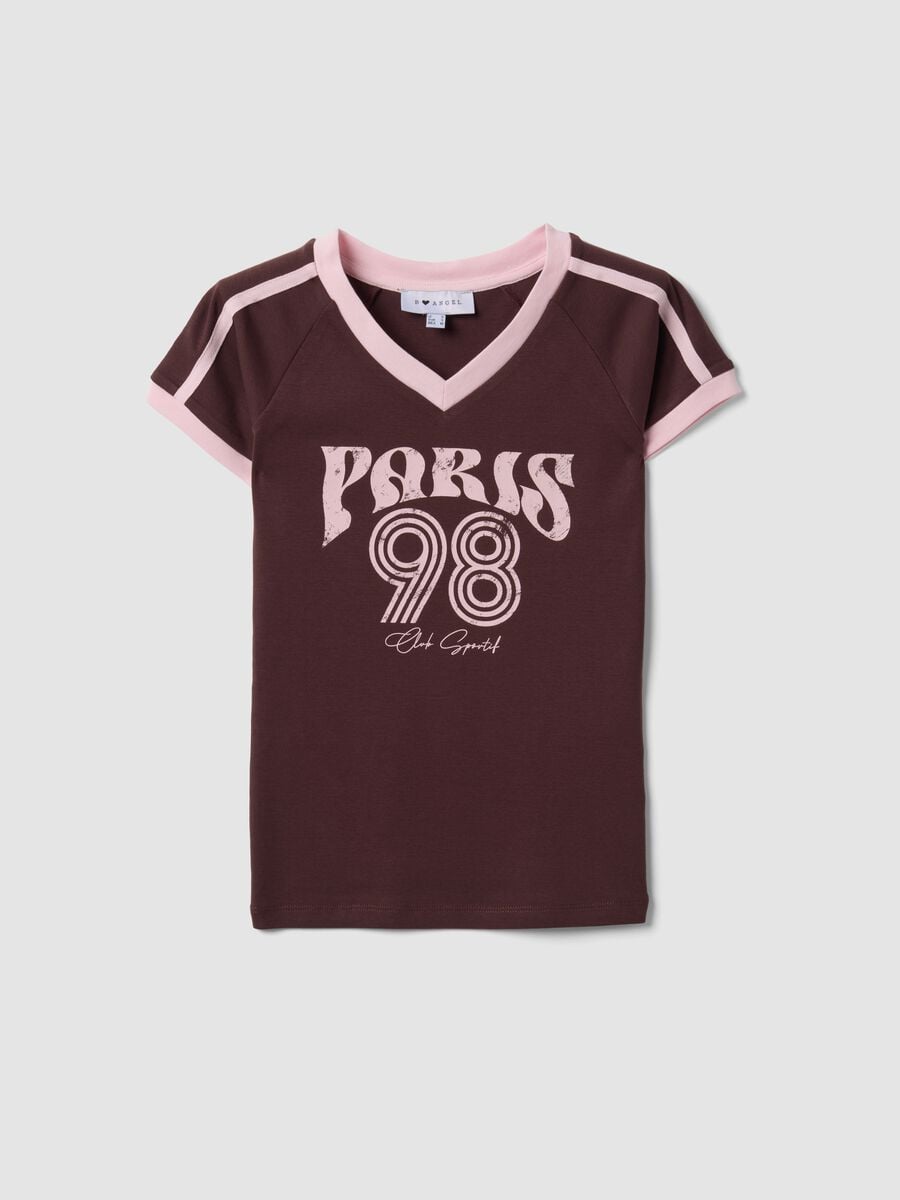 T-shirt marrone in puro cotone con scollo a V e stampa frontale_4