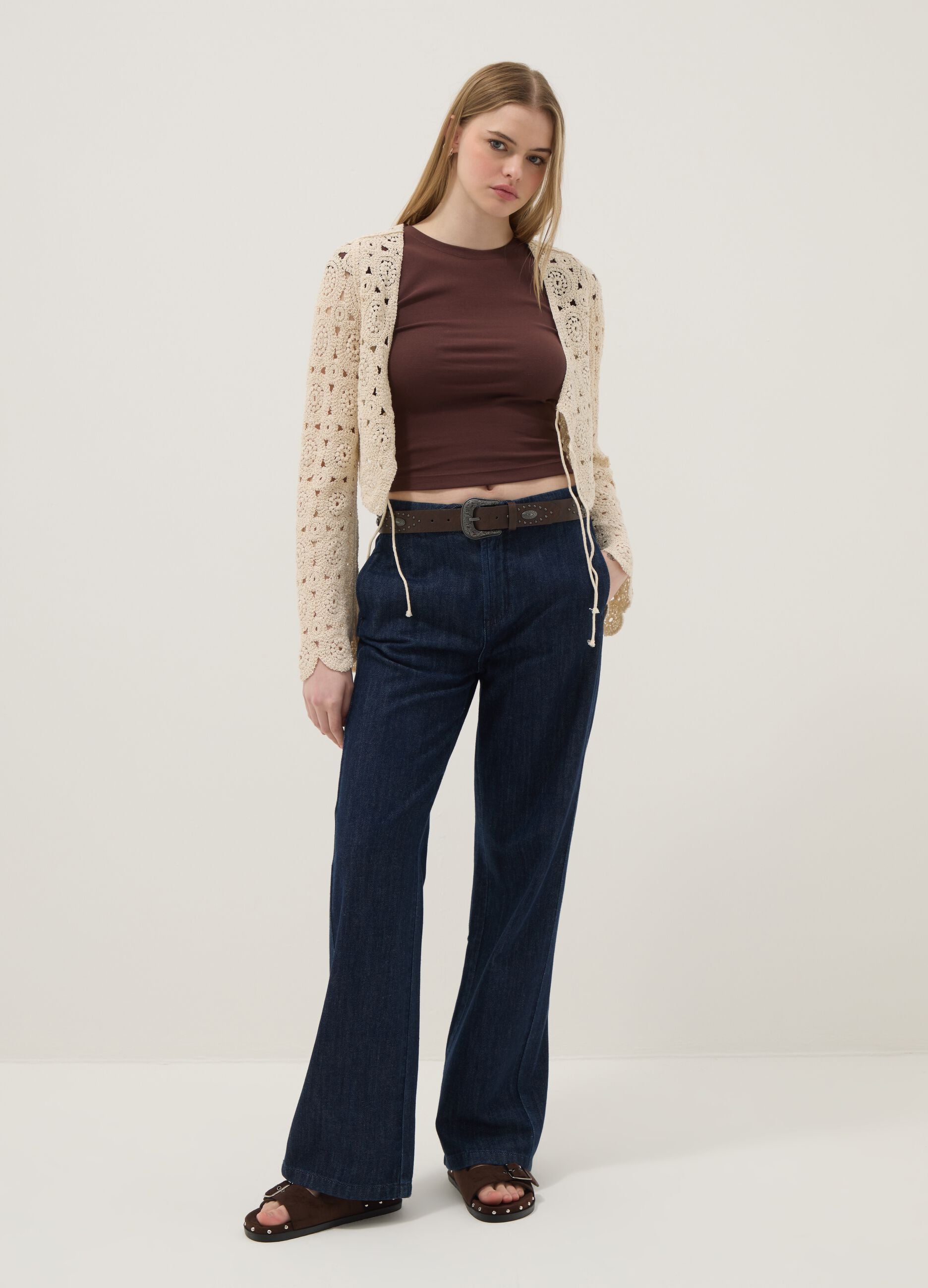 Beige cotton-blend regular-fit cardigan with openwork design