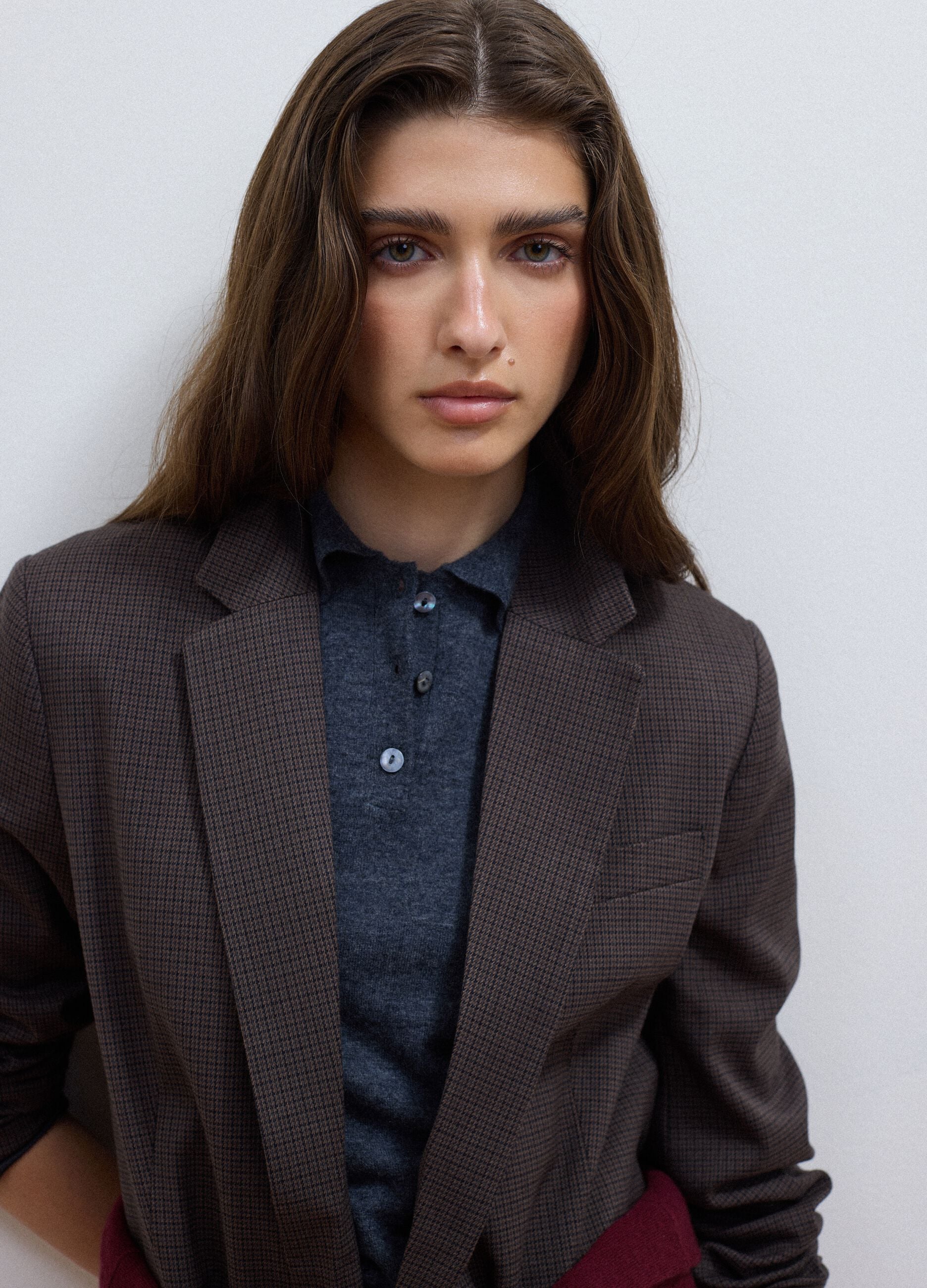 Brown stretch viscose micro-check regular-fit blazer