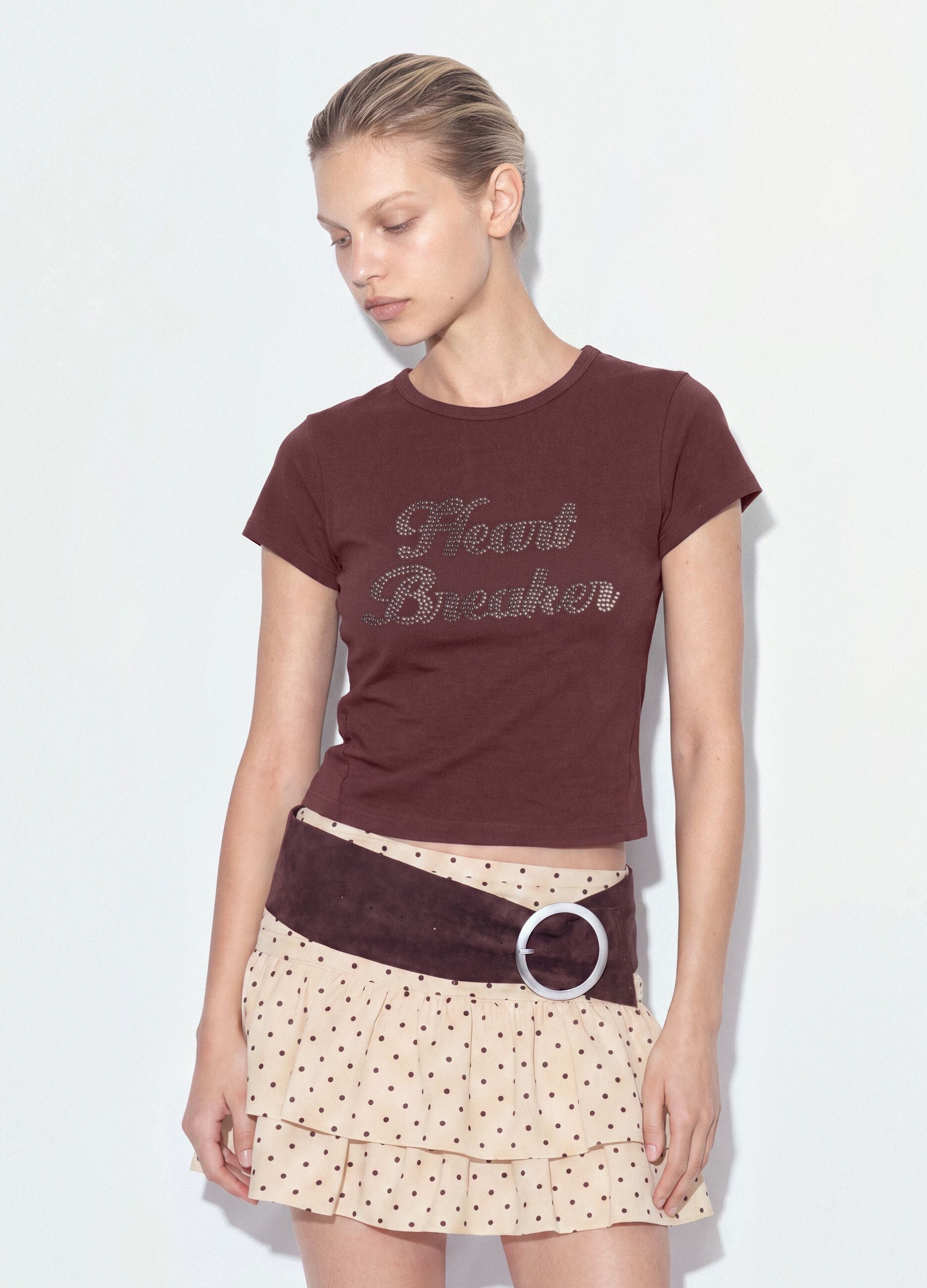Brown fitted stretch-cotton T-shirt with rhinestone embellishments