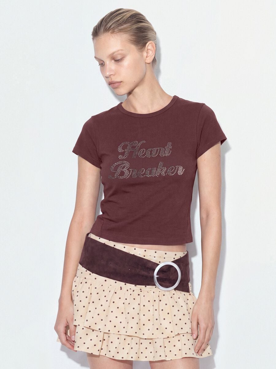 Brown fitted stretch-cotton T-shirt with rhinestone embellishments_0
