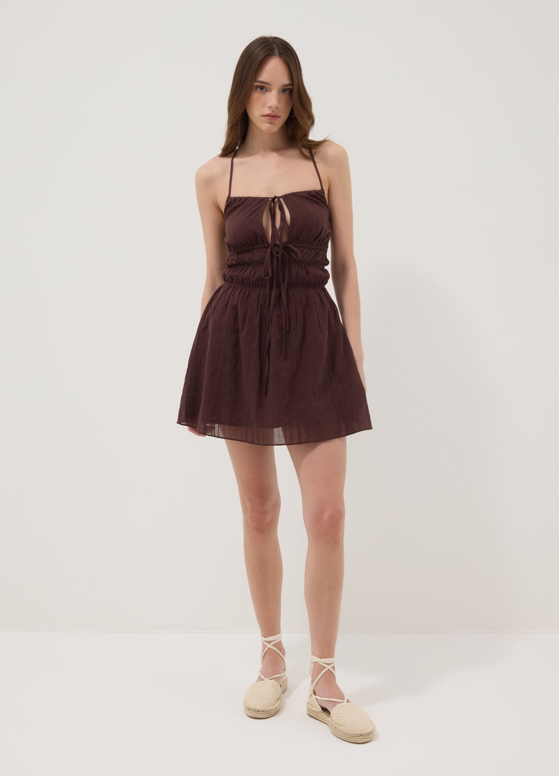 Brown pure cotton mini dress with thin straps, regular fit