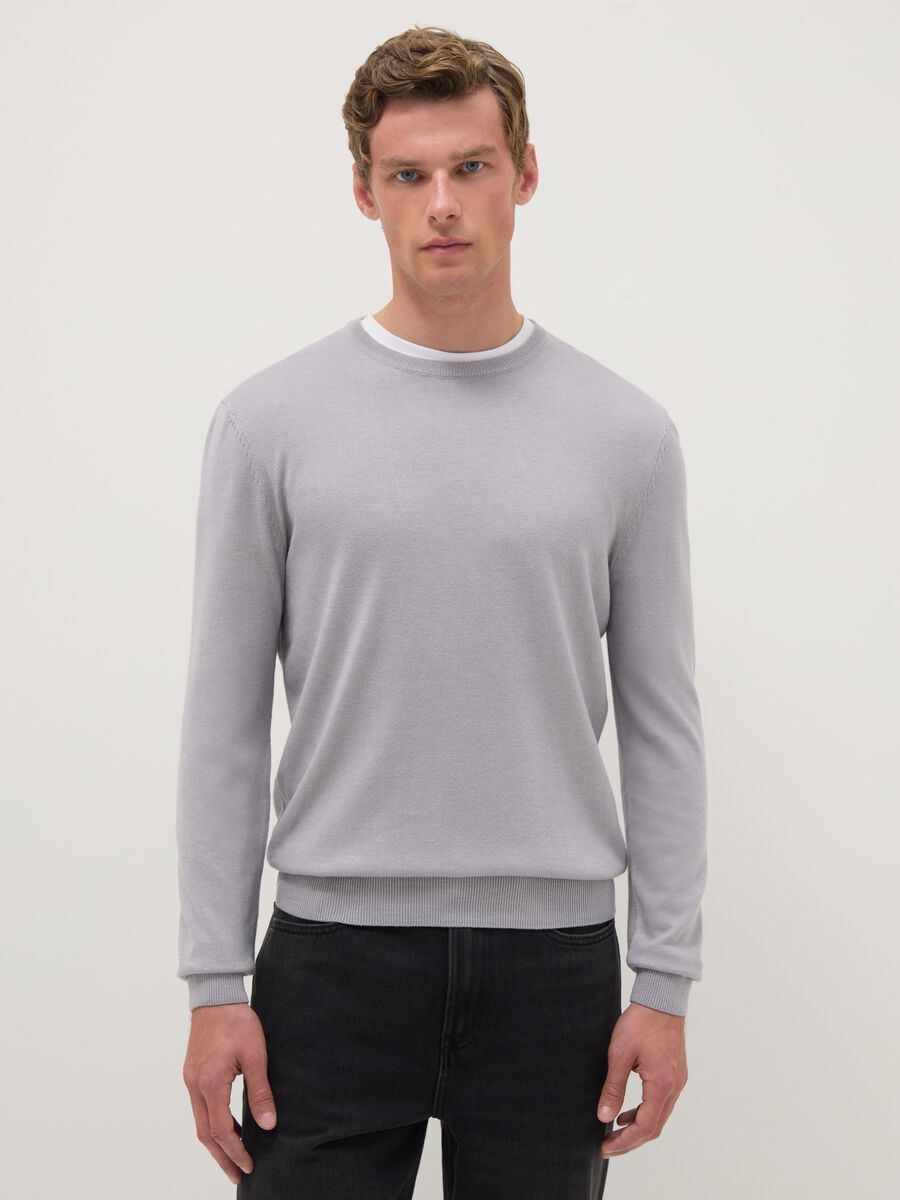 Grey cotton blend crew neck pullover, regular fit_0
