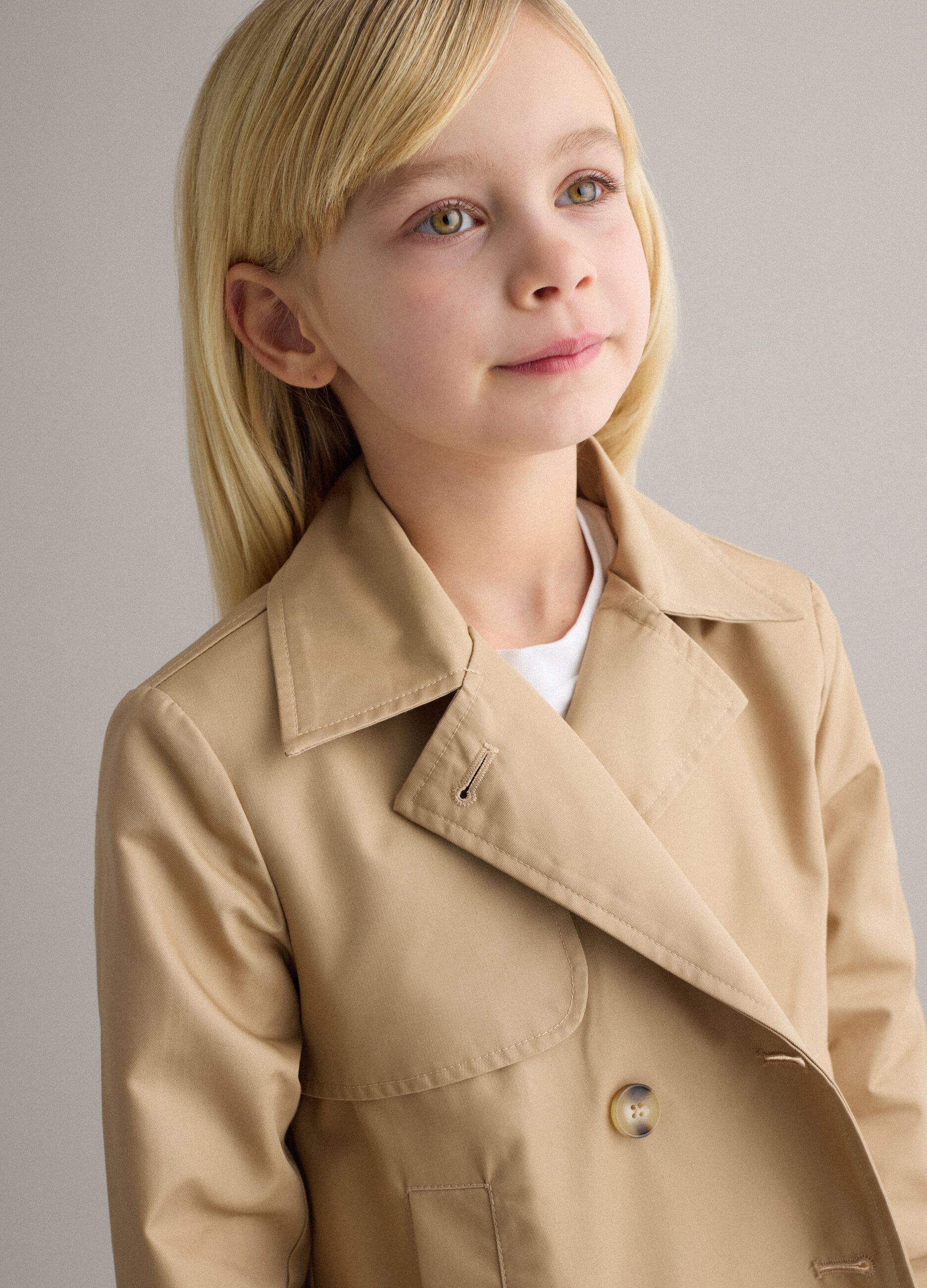 Double-breasted beige cotton blend girl's trench coat with embroidery