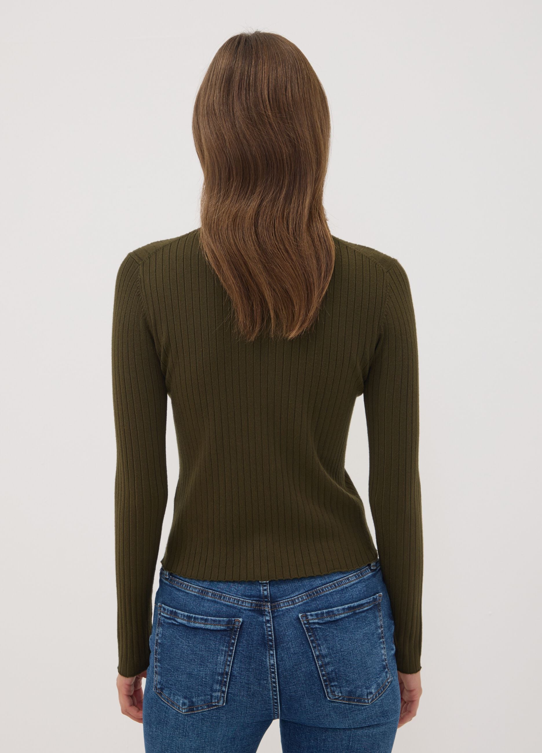 Green ribbed viscose-blend top with high neck