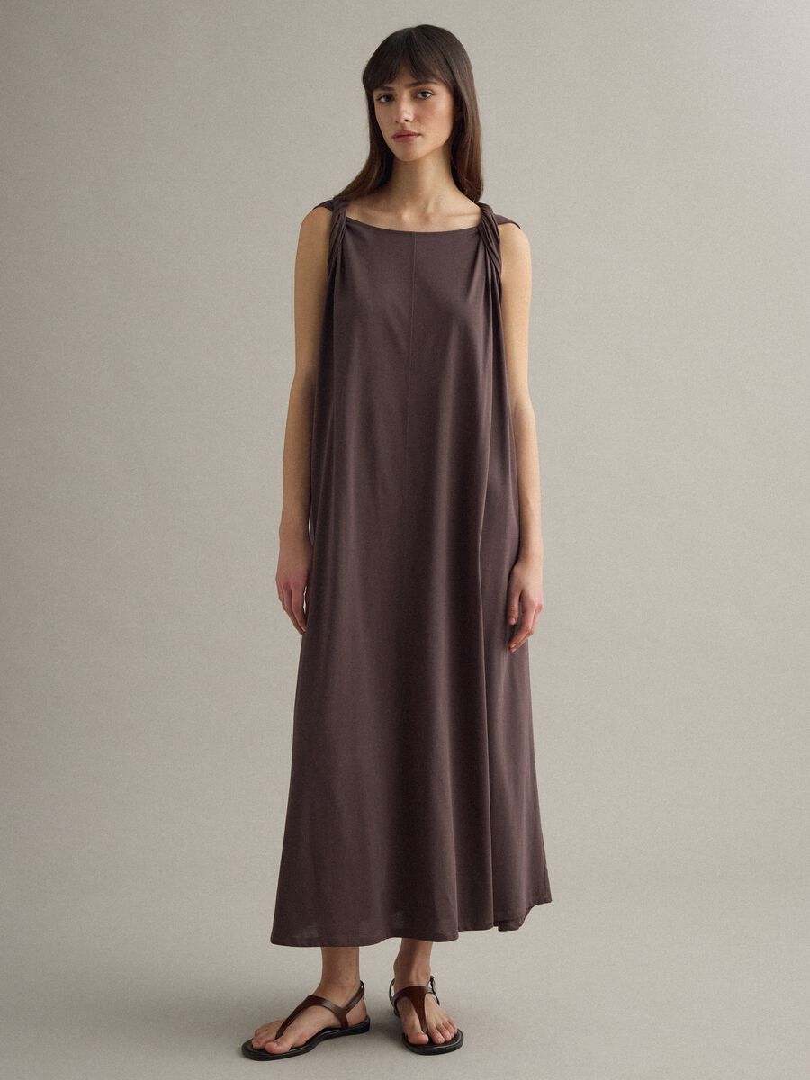 Long brown cotton-blend dress, regular fit_0