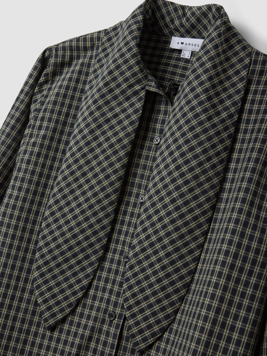 Oversized black cotton-blend checked shirt with neck bow_1