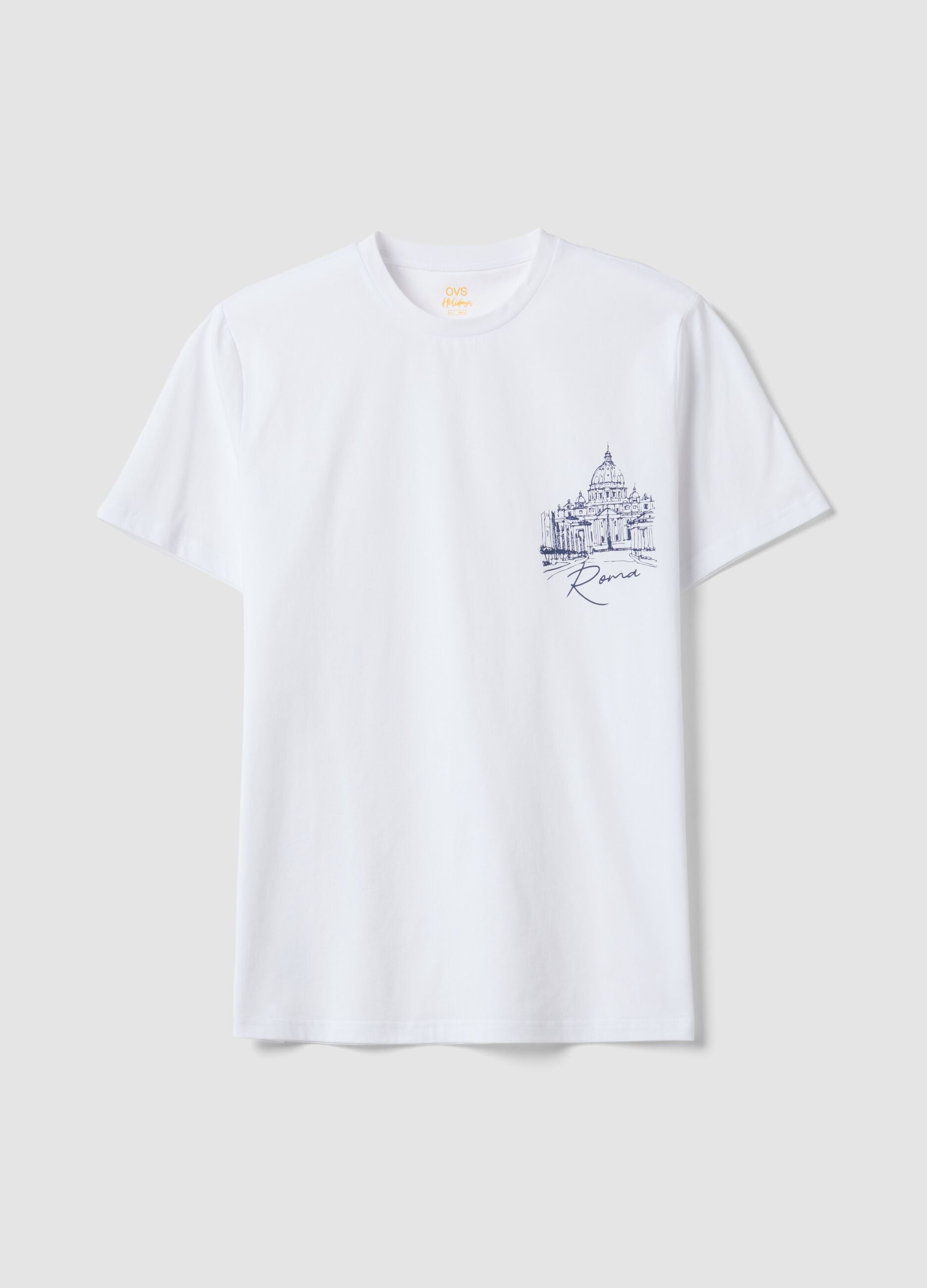 White pure cotton T-shirt with chest print, regular fit