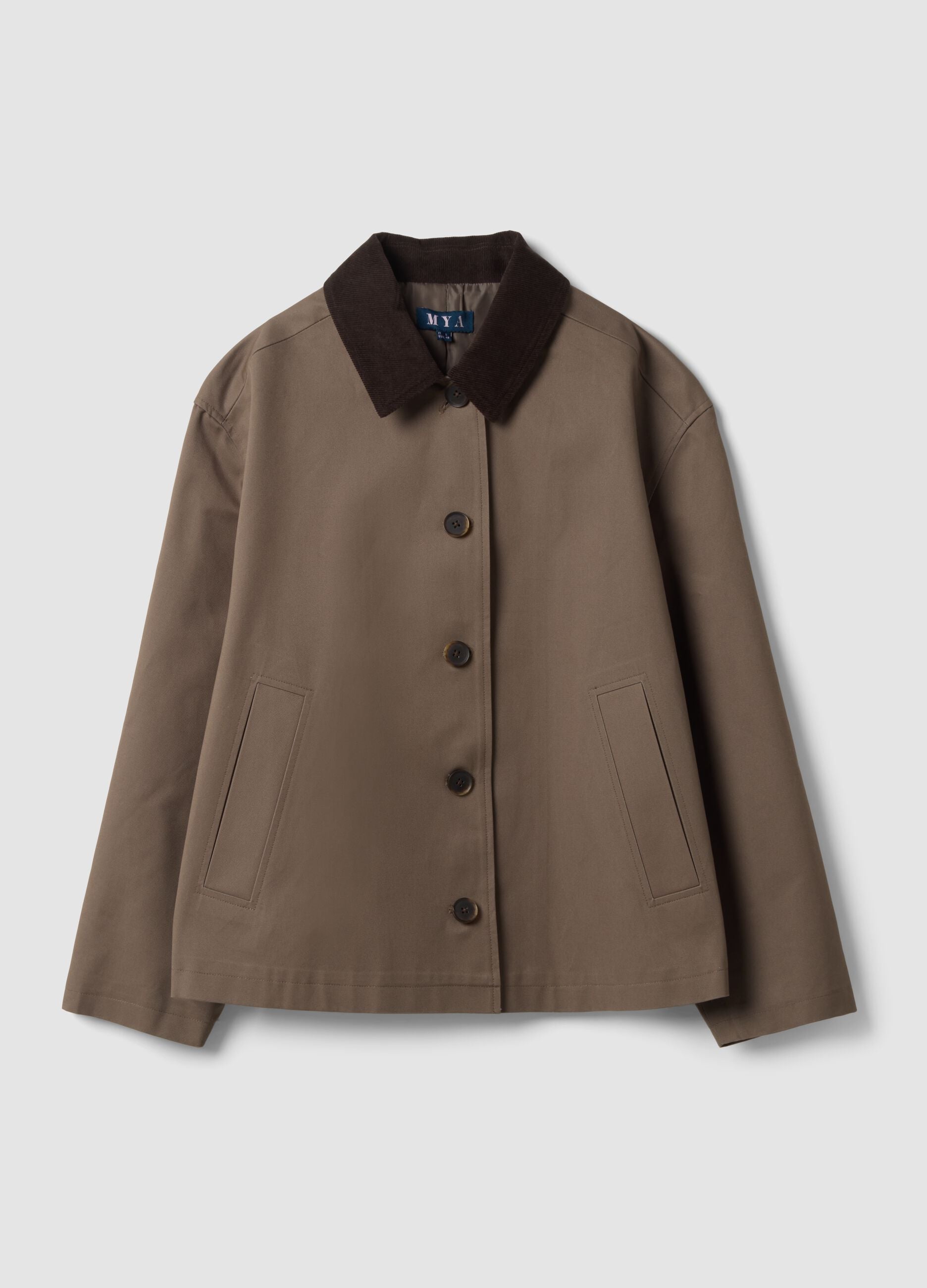 Brown pure cotton jacket with contrasting collar, regular fit