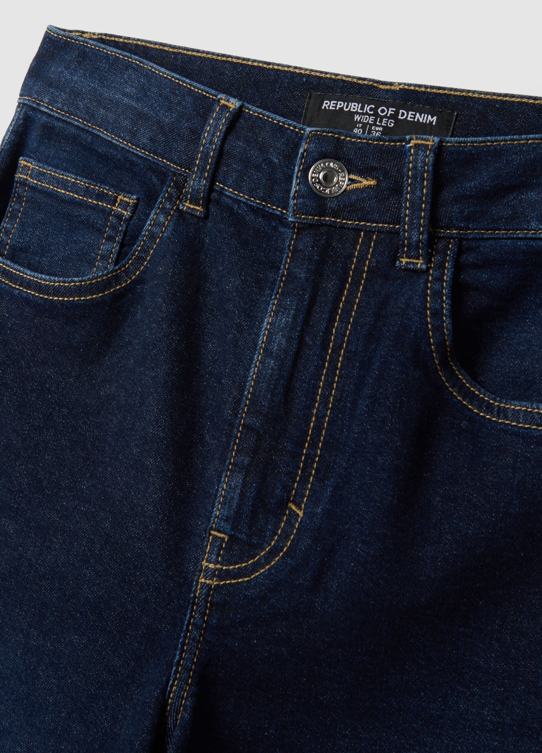 Blue Stretch Cotton Wide Leg Jeans