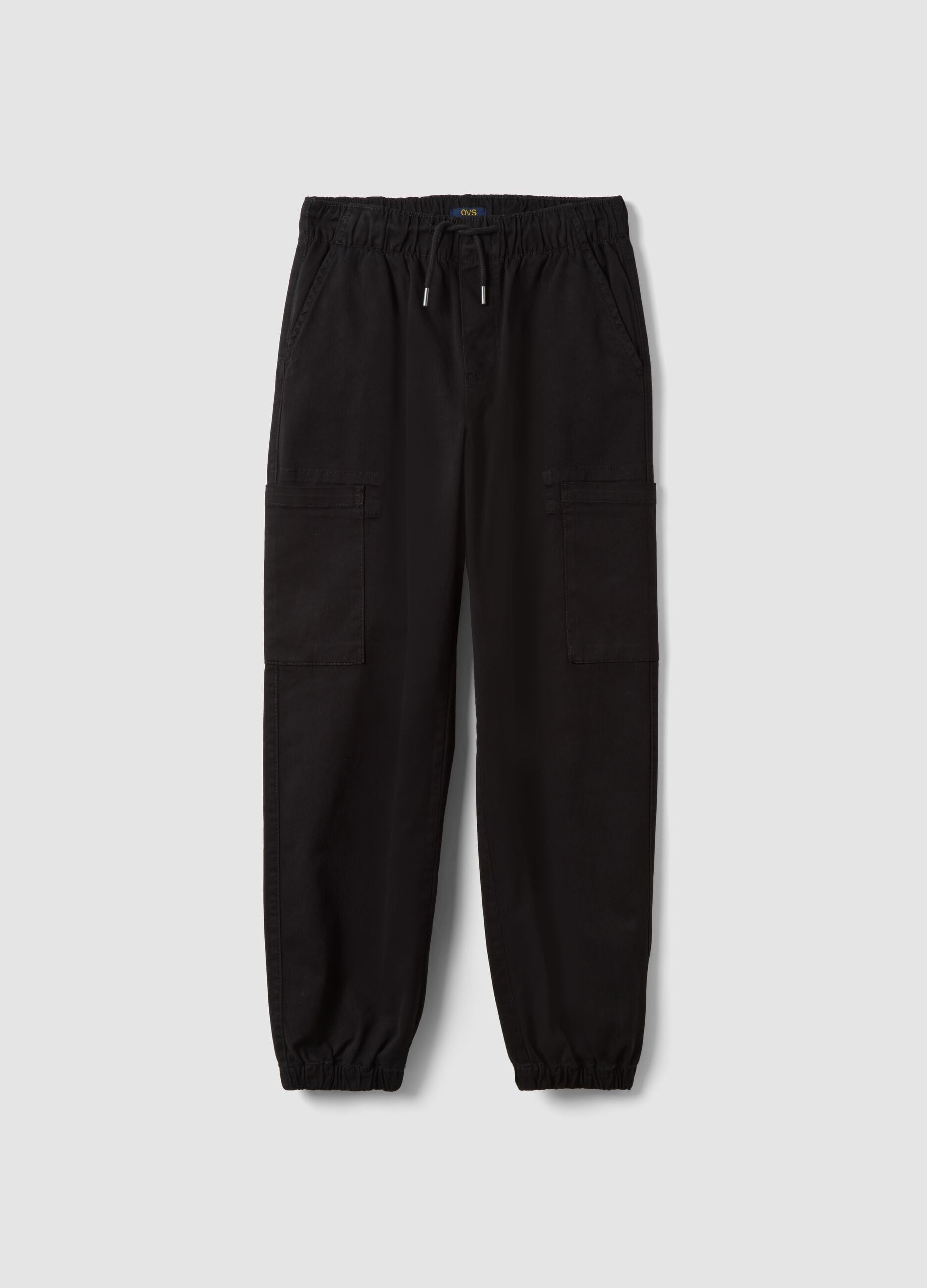Black stretch cotton cargo joggers