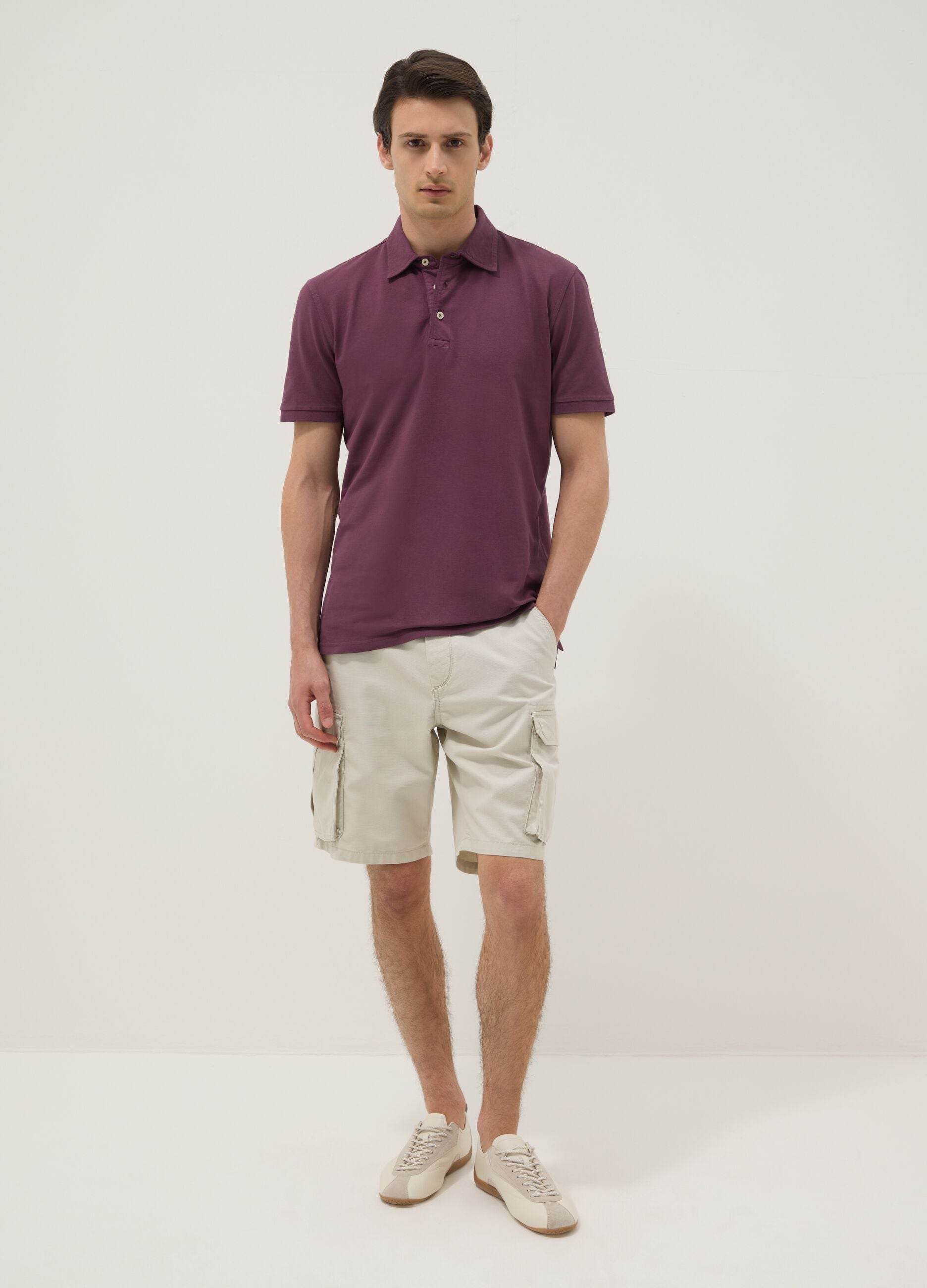 White pure cotton cargo Bermuda shorts, regular fit