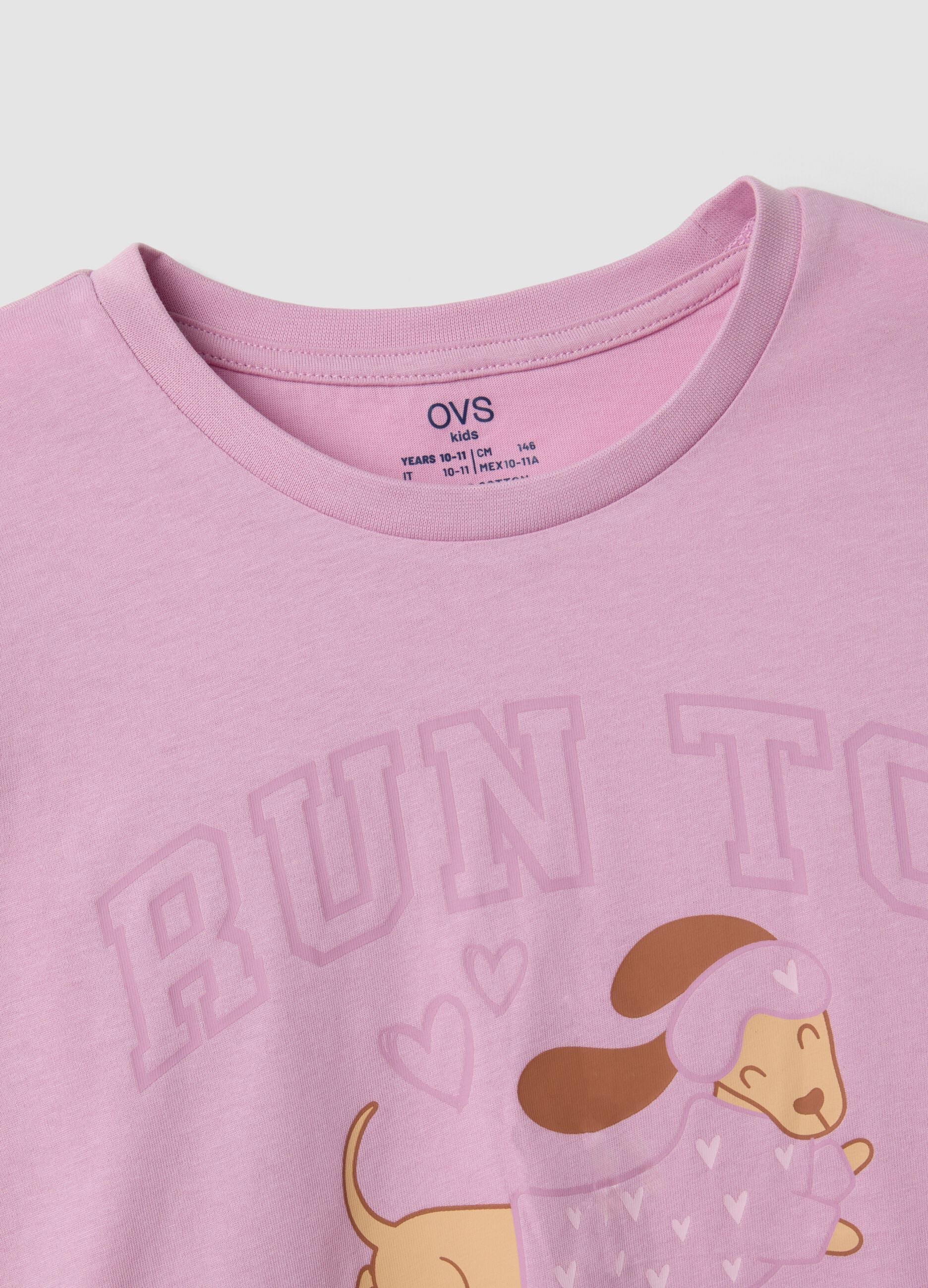 Pink long organic cotton jersey pyjamas with prints for girls