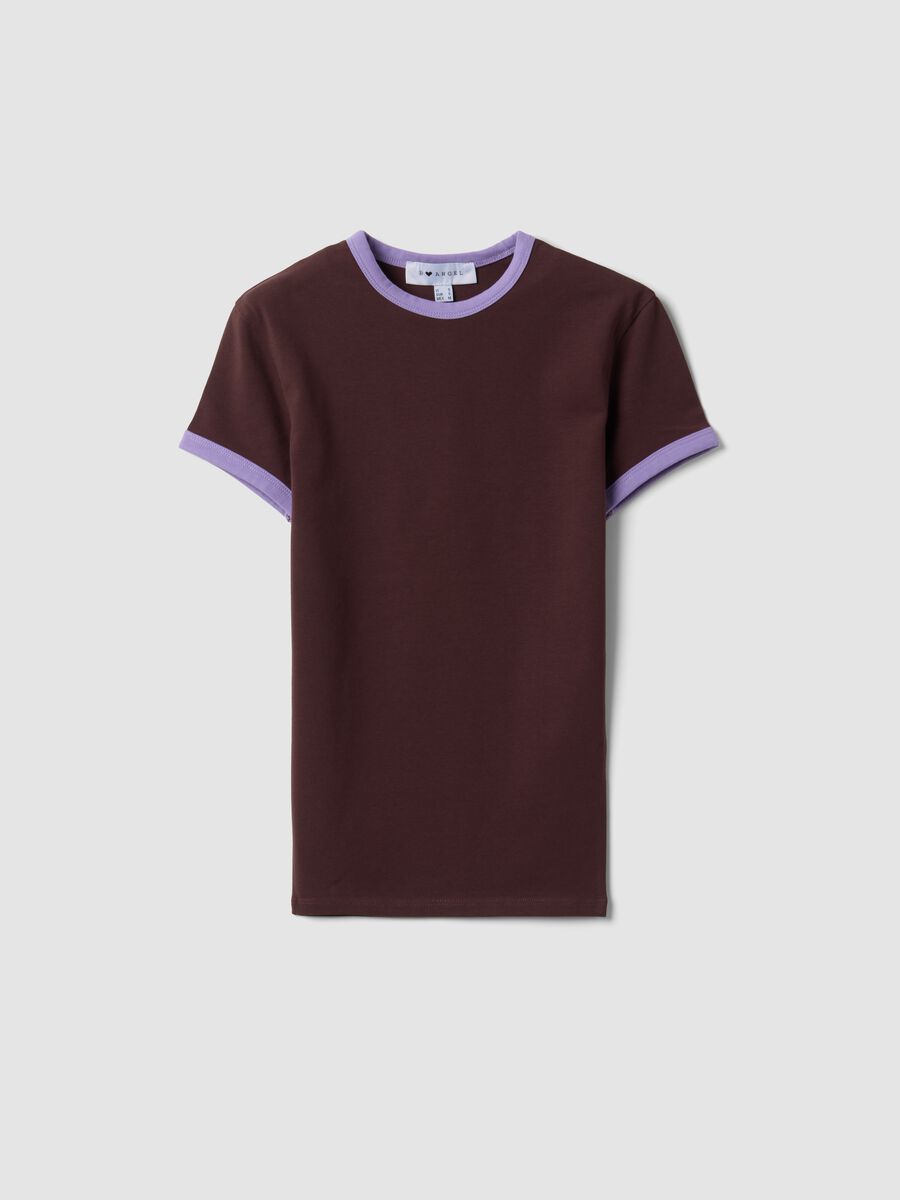 Brown stretch cotton fitted T-shirt with contrast trims_0