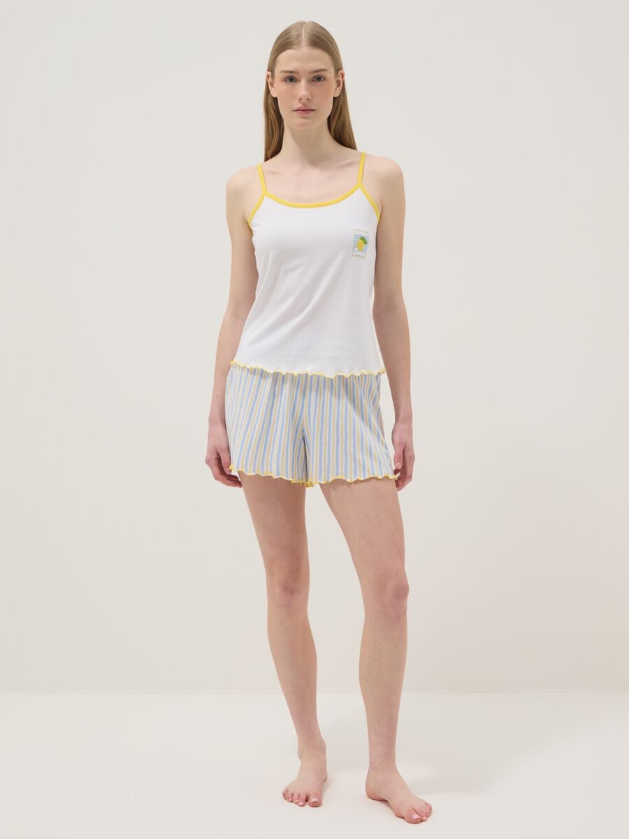 Multicolour pure cotton short pyjamas, regular fit, with gathered trims_0