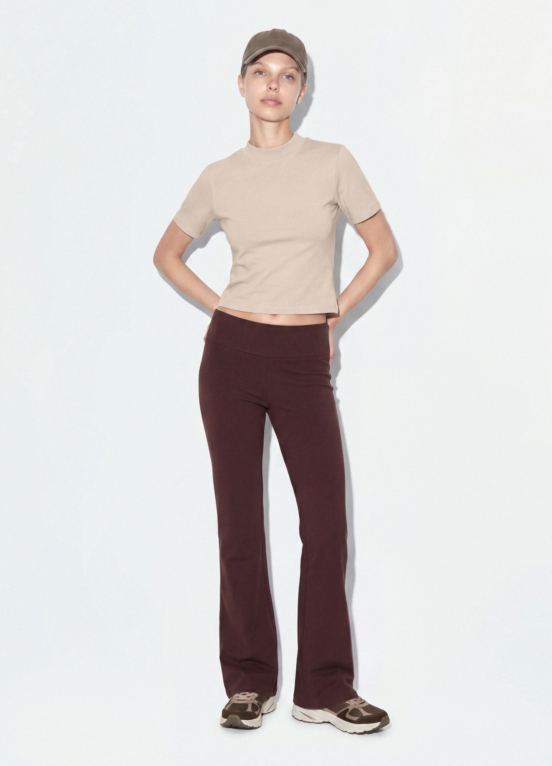 Beige fitted stretch-cotton T-shirt with high neck