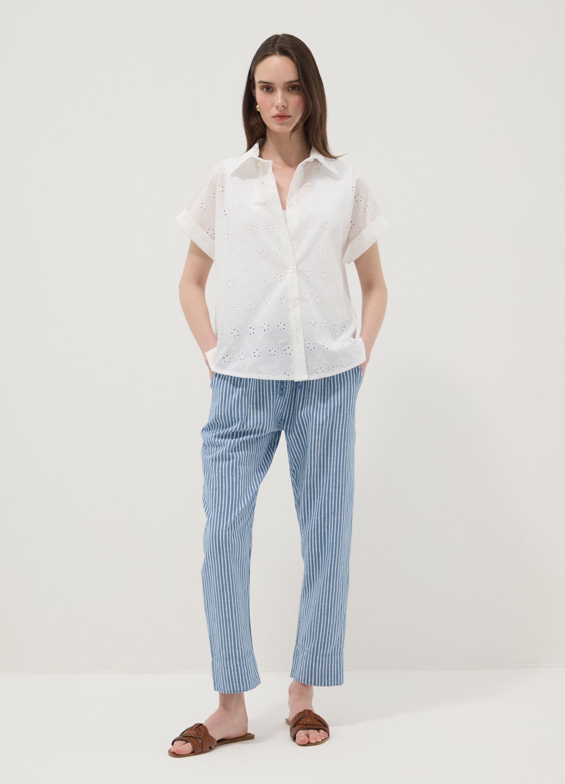 White pure cotton short-sleeve broderie shirt, regular fit