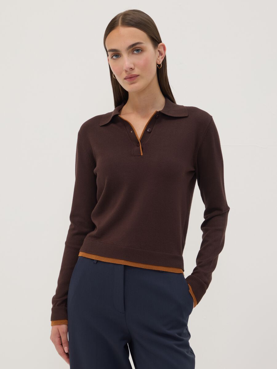 Brown viscose-blend polo-collar jumper, regular fit_0