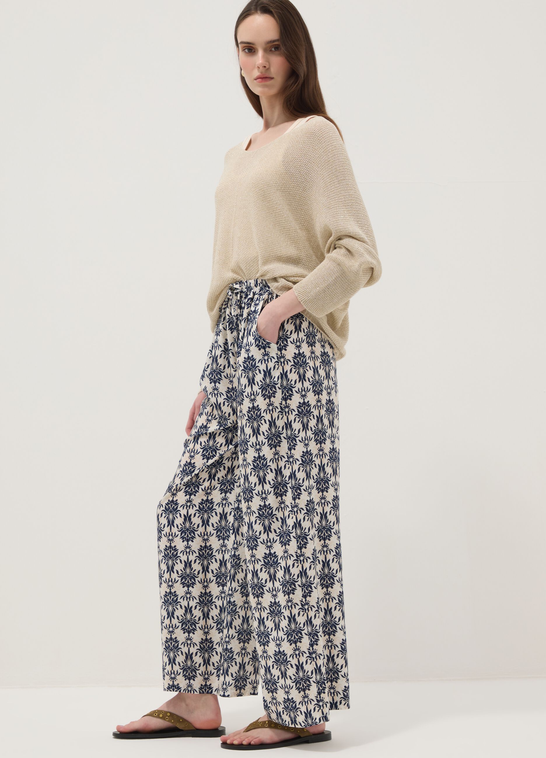 White pure viscose patterned trousers, regular fit