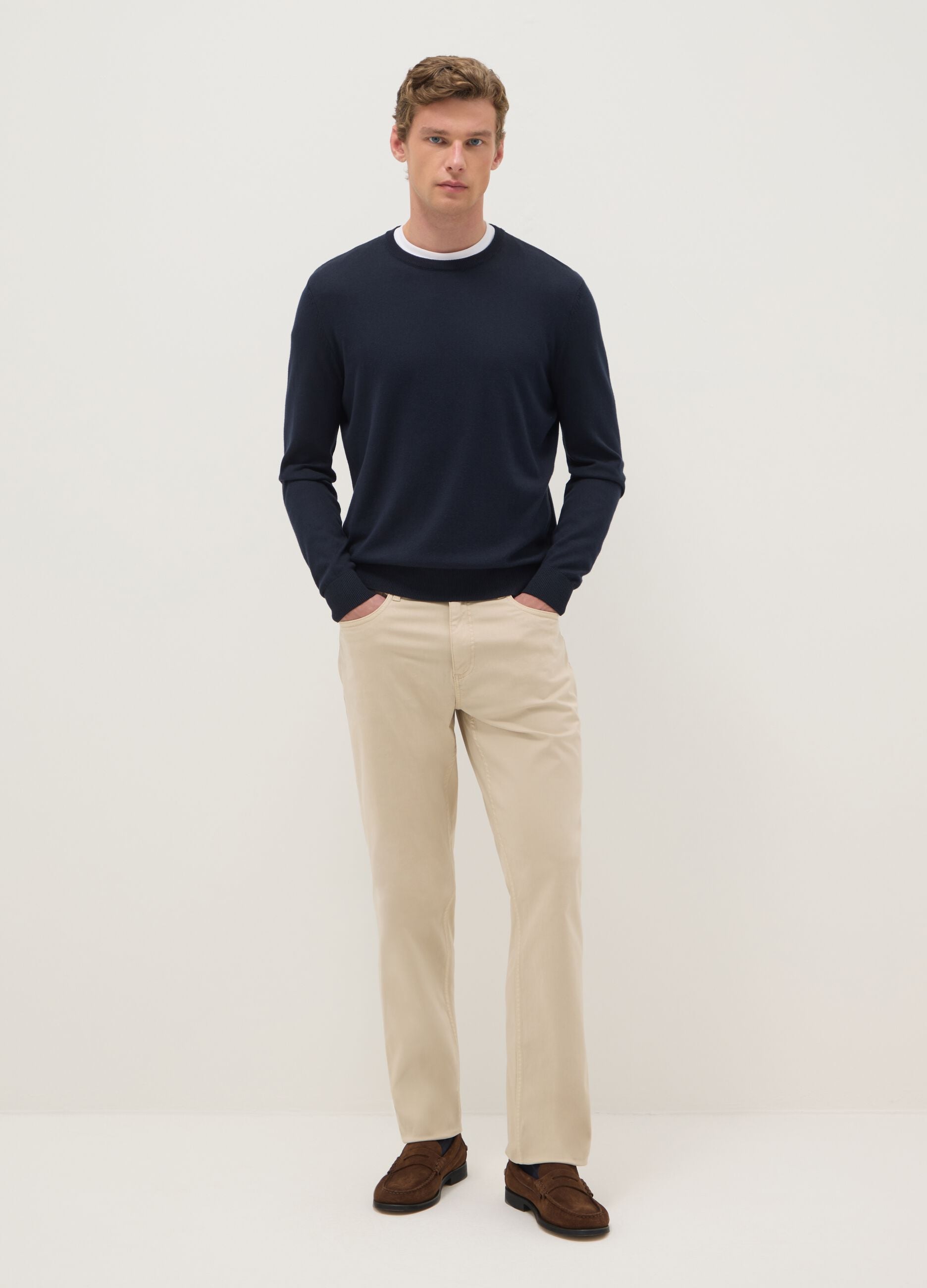 Blue crew neck pullover in cotton blend regular fit