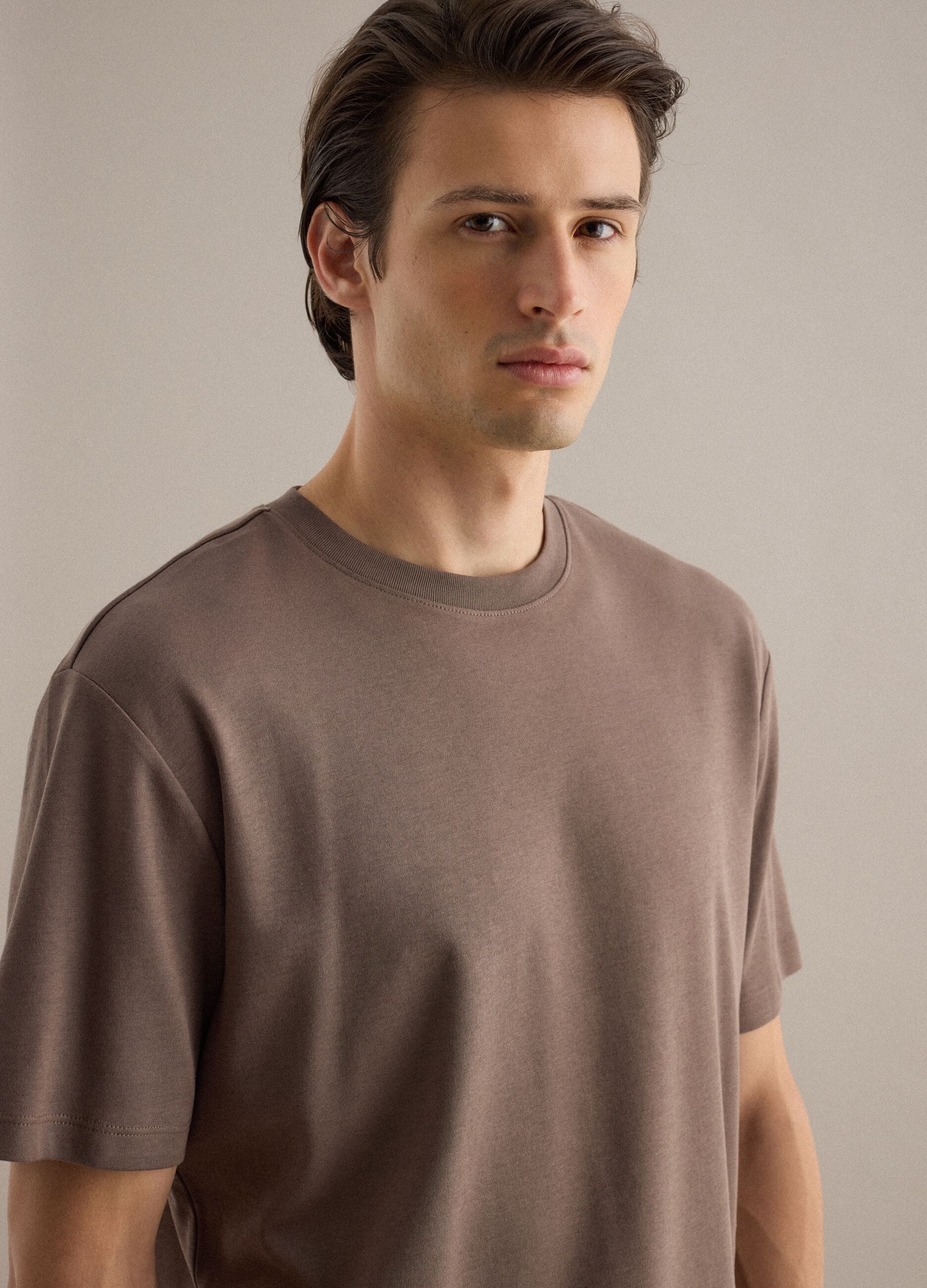 Brown pure cotton regular fit crew-neck T-shirt