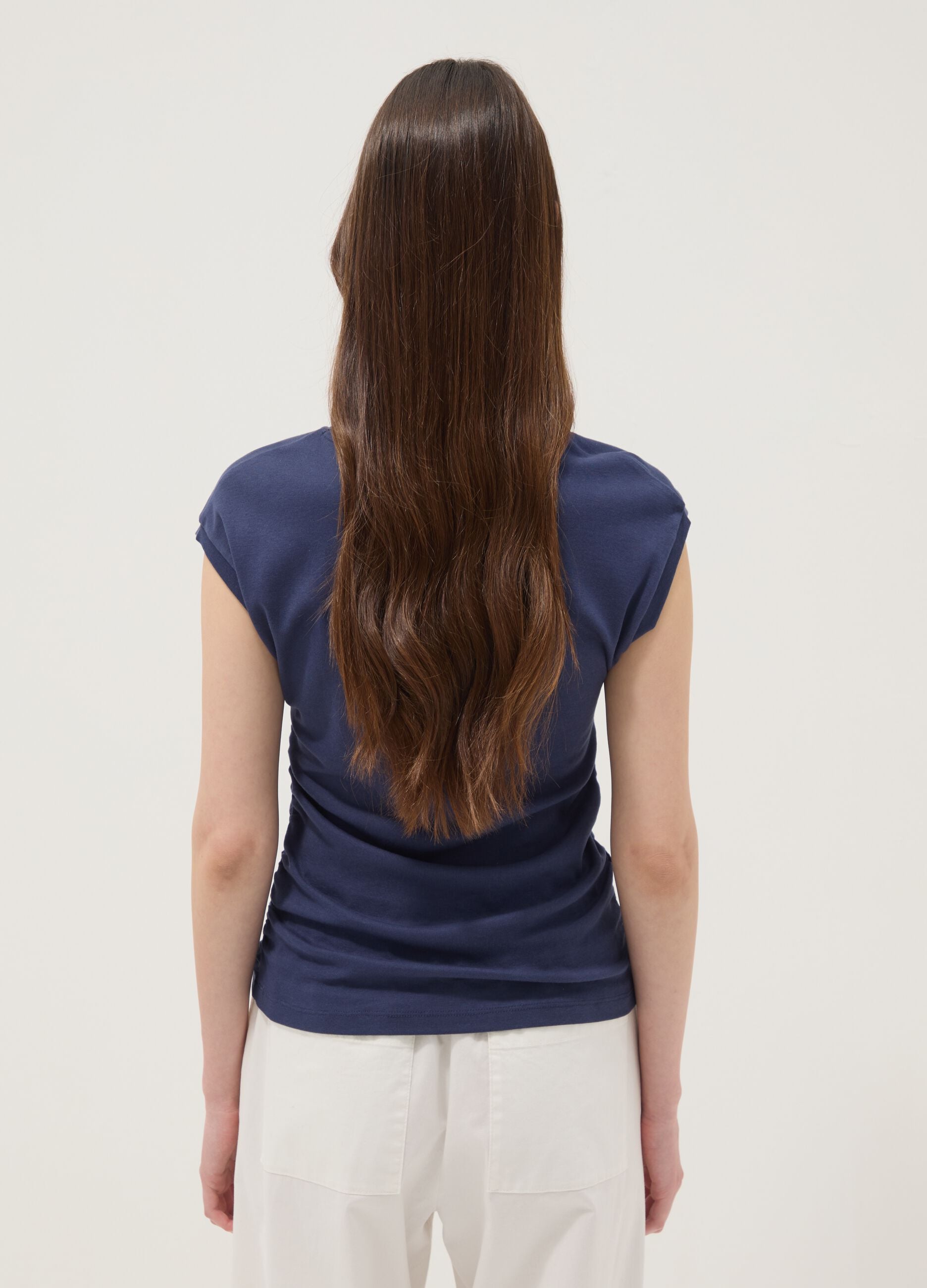 Blue pure cotton tank top with side ruching, regular fit