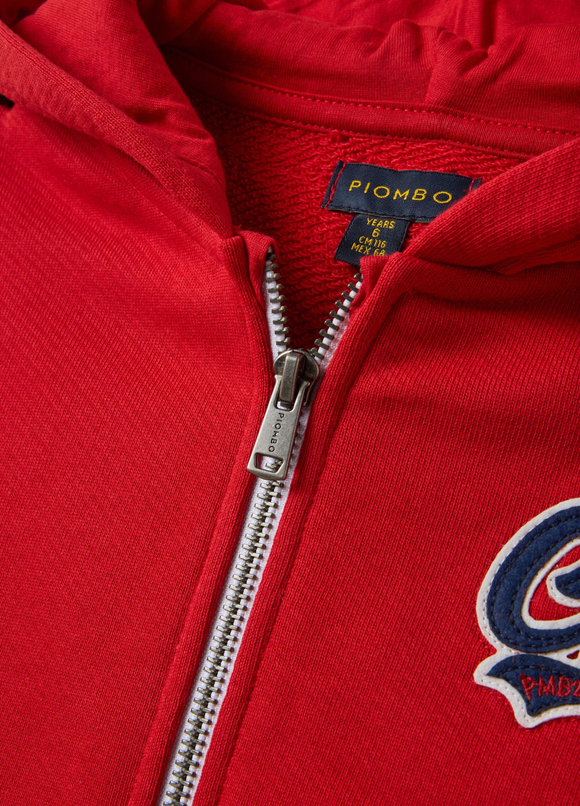 Red organic cotton hoodie with embroidered details, oversized fit, for boys