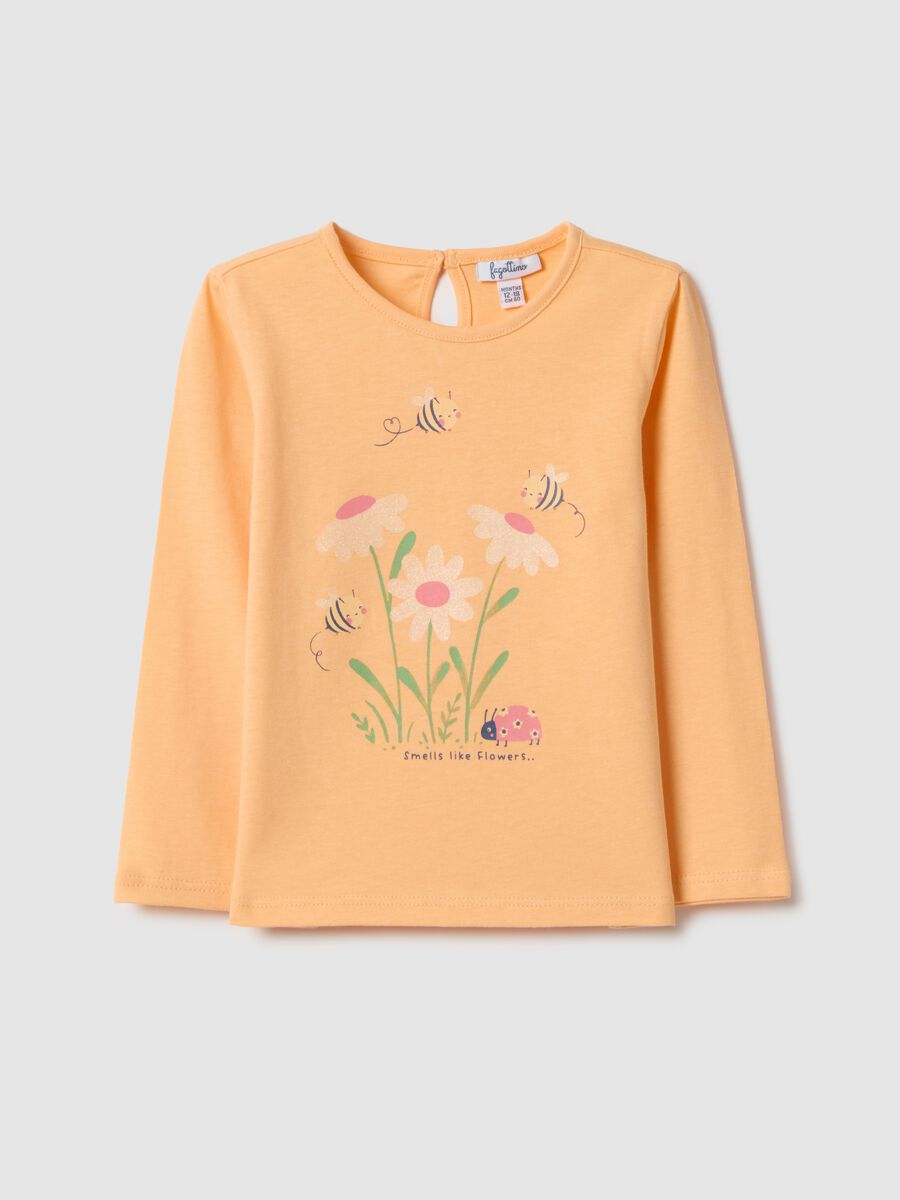 T-shirt a maniche lunghe in puro cotone arancione da bimba con stampe_0
